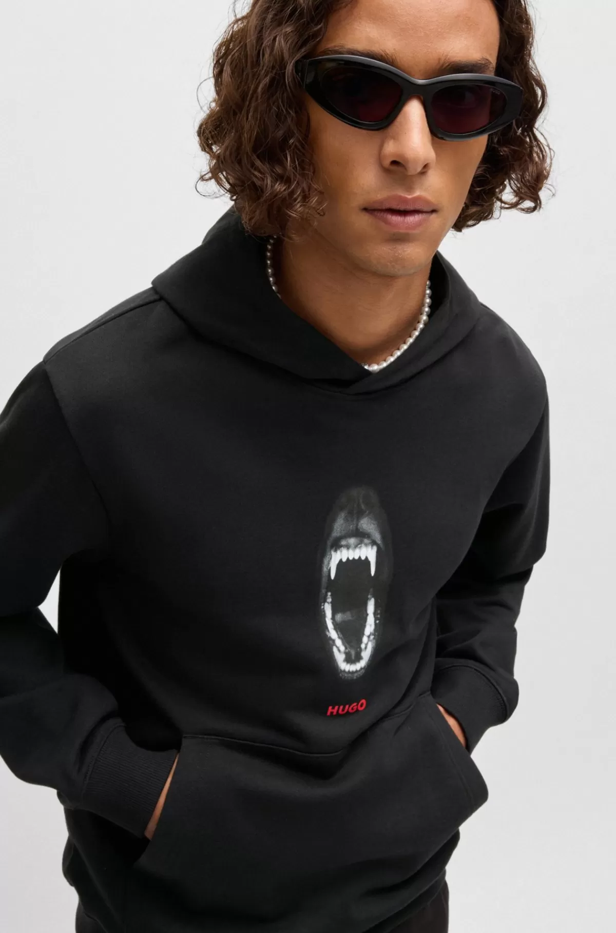 HUGO BOSS Hættetrøje Med Regular Fit Og Dyregrafik I Sweatkvalitet Af Bomuld Sort Outlet