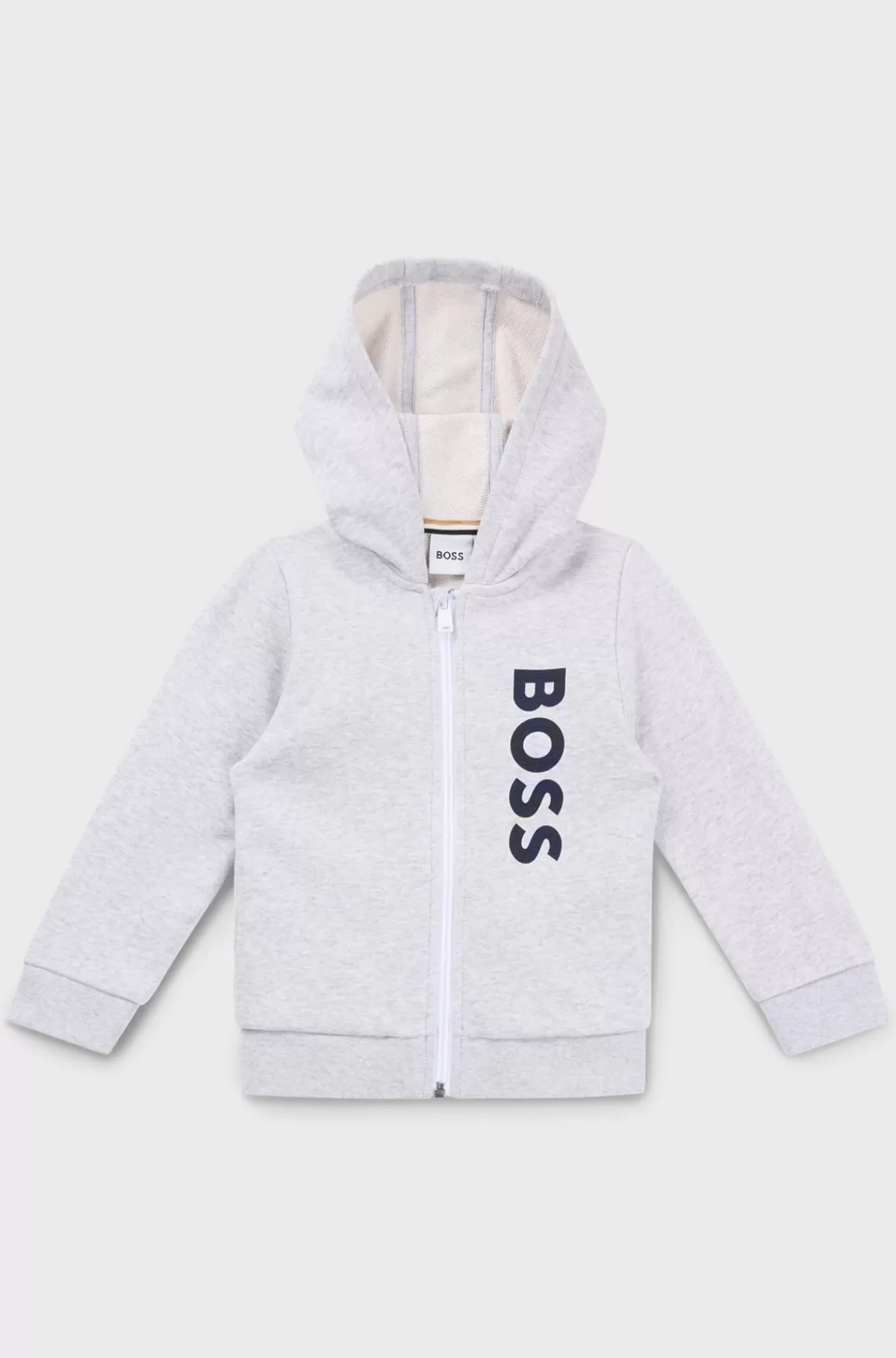 HUGO BOSS Hættetrøje Til Børn I Fleece Med Lynlås Og Lodret Logoprint Lysegrå Outlet