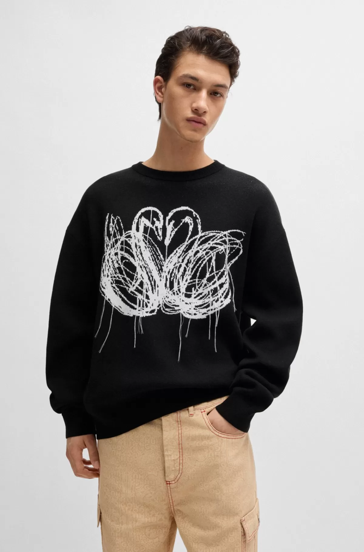 HUGO BOSS HUGO X Les Benjamins Sweater I Oversize Fit Med Svanemønster I Jacquard Sort Cheap