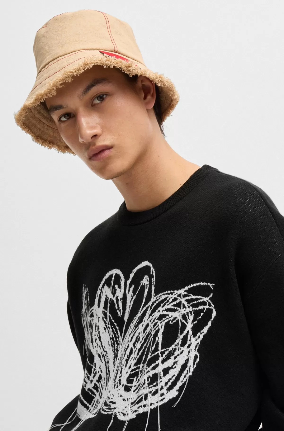 HUGO BOSS HUGO X Les Benjamins Sweater I Oversize Fit Med Svanemønster I Jacquard Sort Cheap