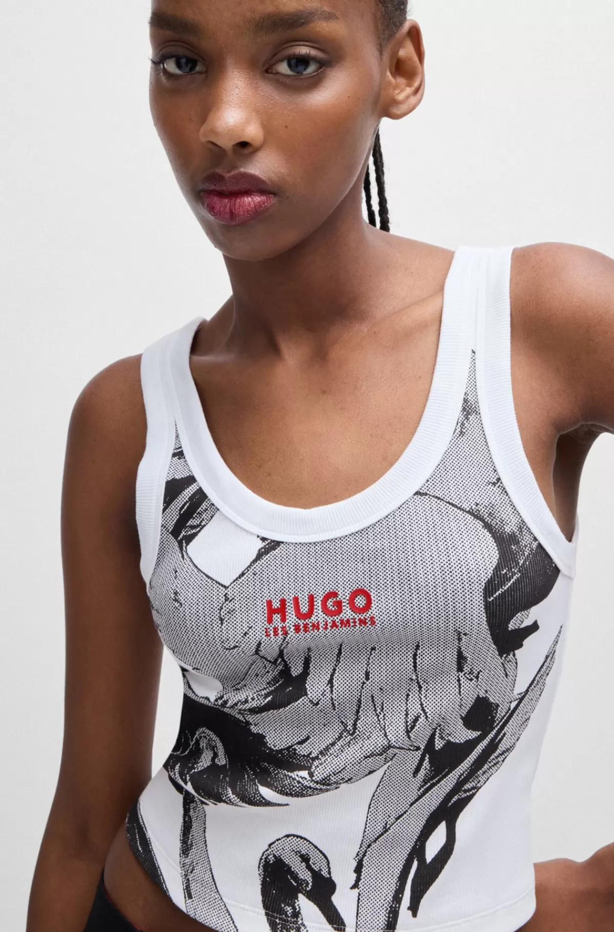 HUGO BOSS HUGO X Les Benjamins Top I Bomuld Med Stræk Og Svaneprint Hvid mønstret Discount