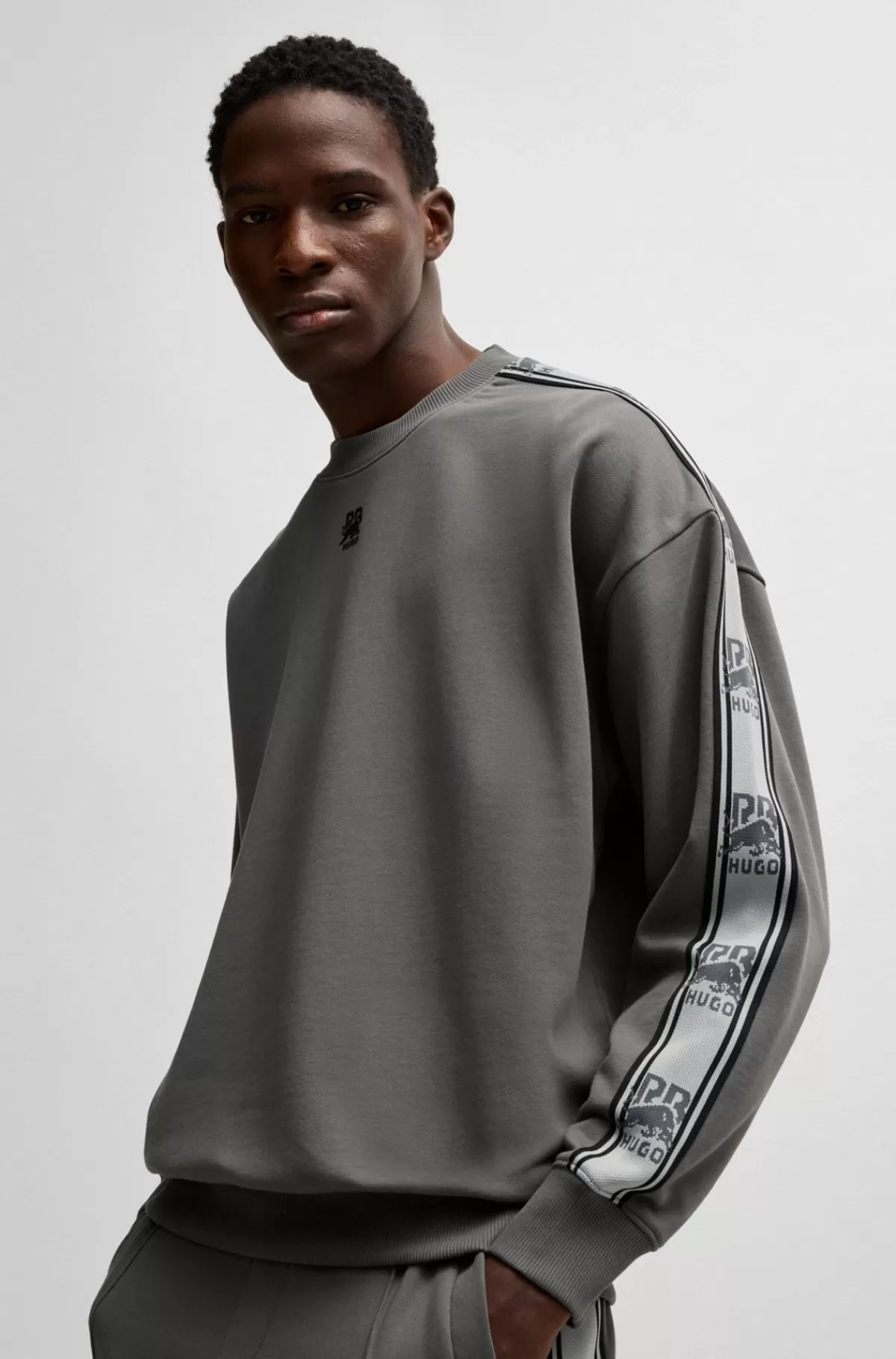 HUGO BOSS HUGO X RB Sweatshirt I Bomuldsfrotté Med Logobånd Grå Fashion
