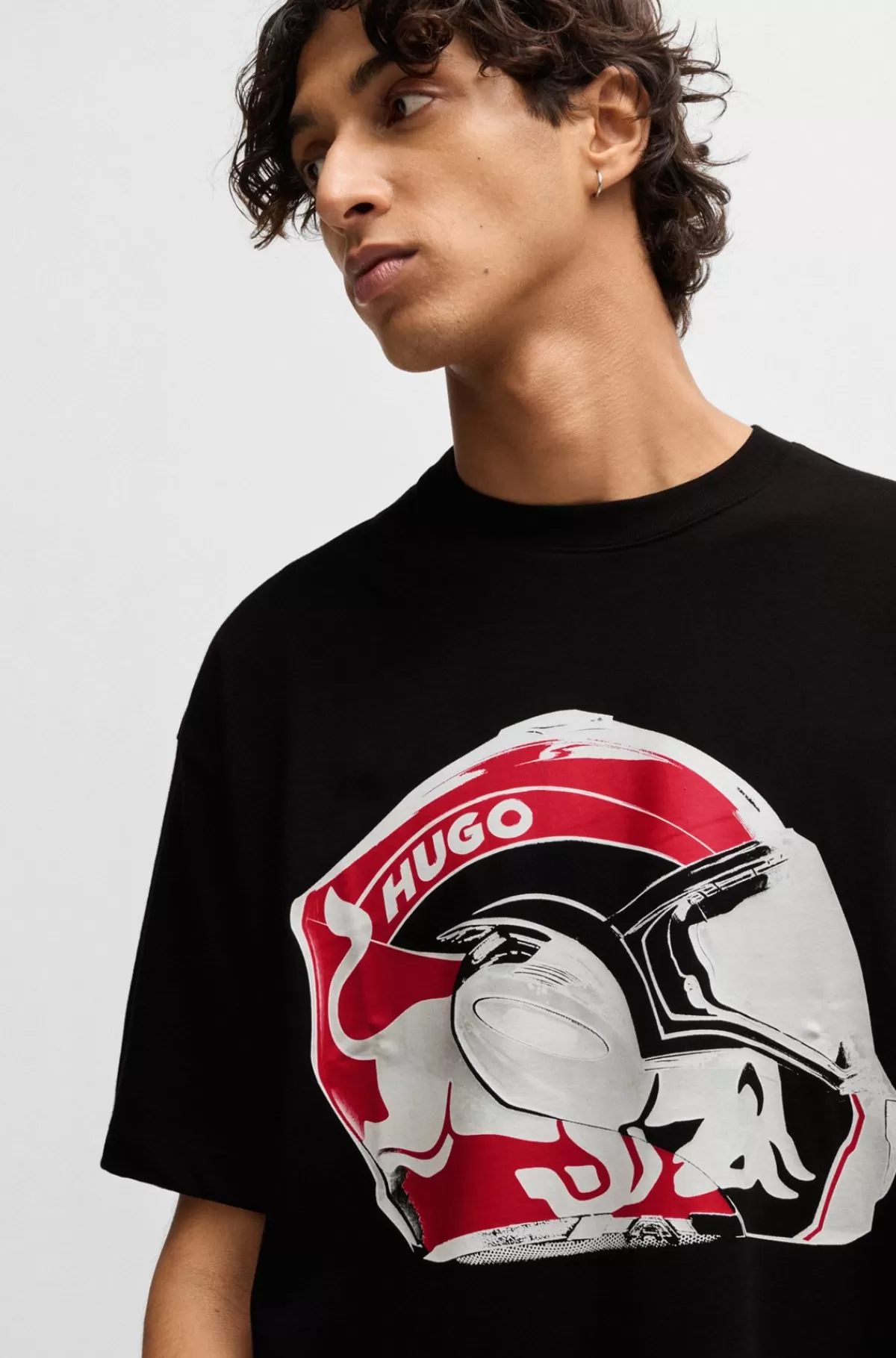 HUGO BOSS HUGO X RB T-shirt Af Bomuld Med Oversize Fit Og Racerprint Sort Outlet