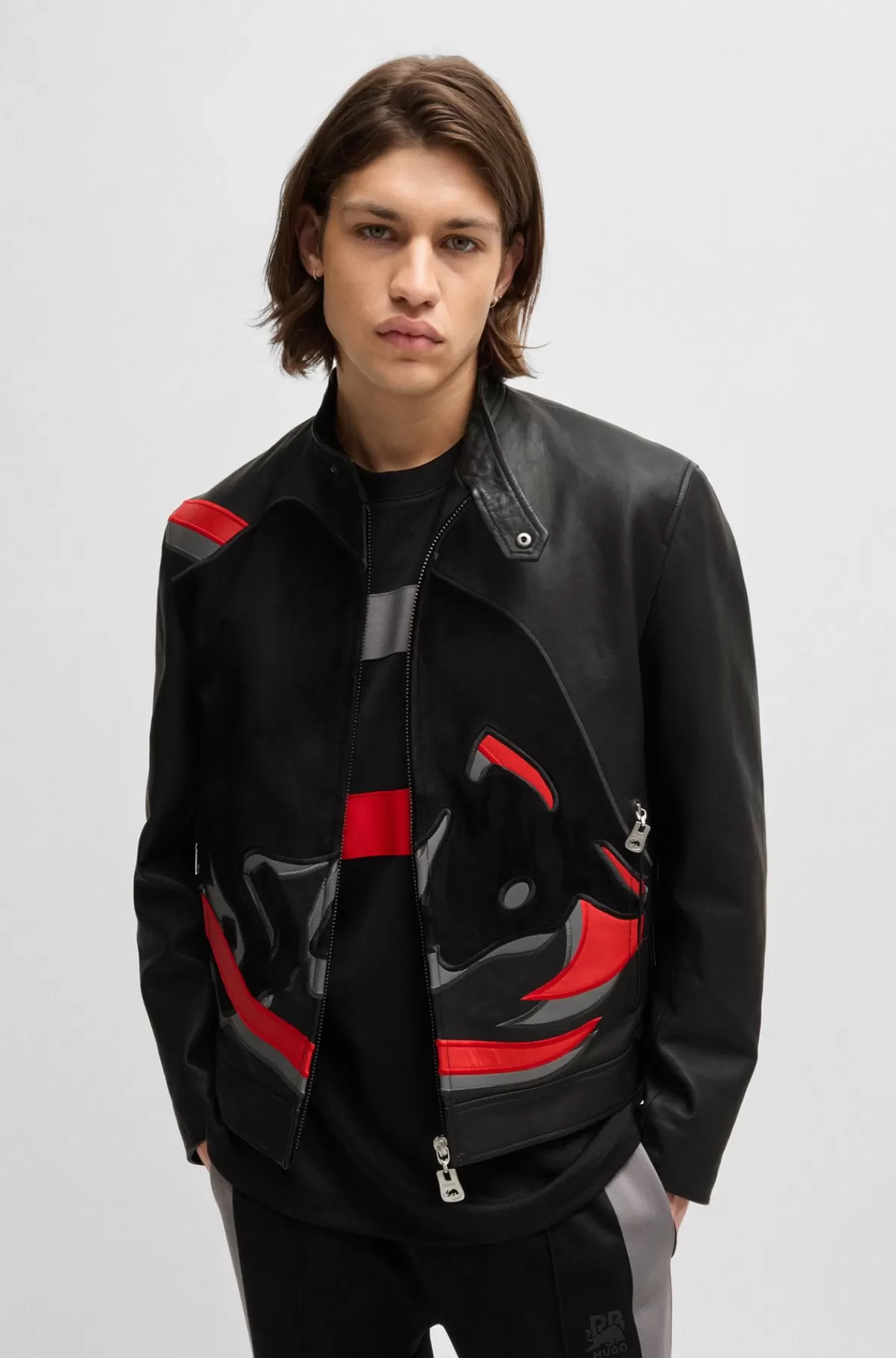 HUGO BOSS HUGO X RB-læderjakke Med Slim Fit Og Signaturgrafik Med Tyr Sort Best