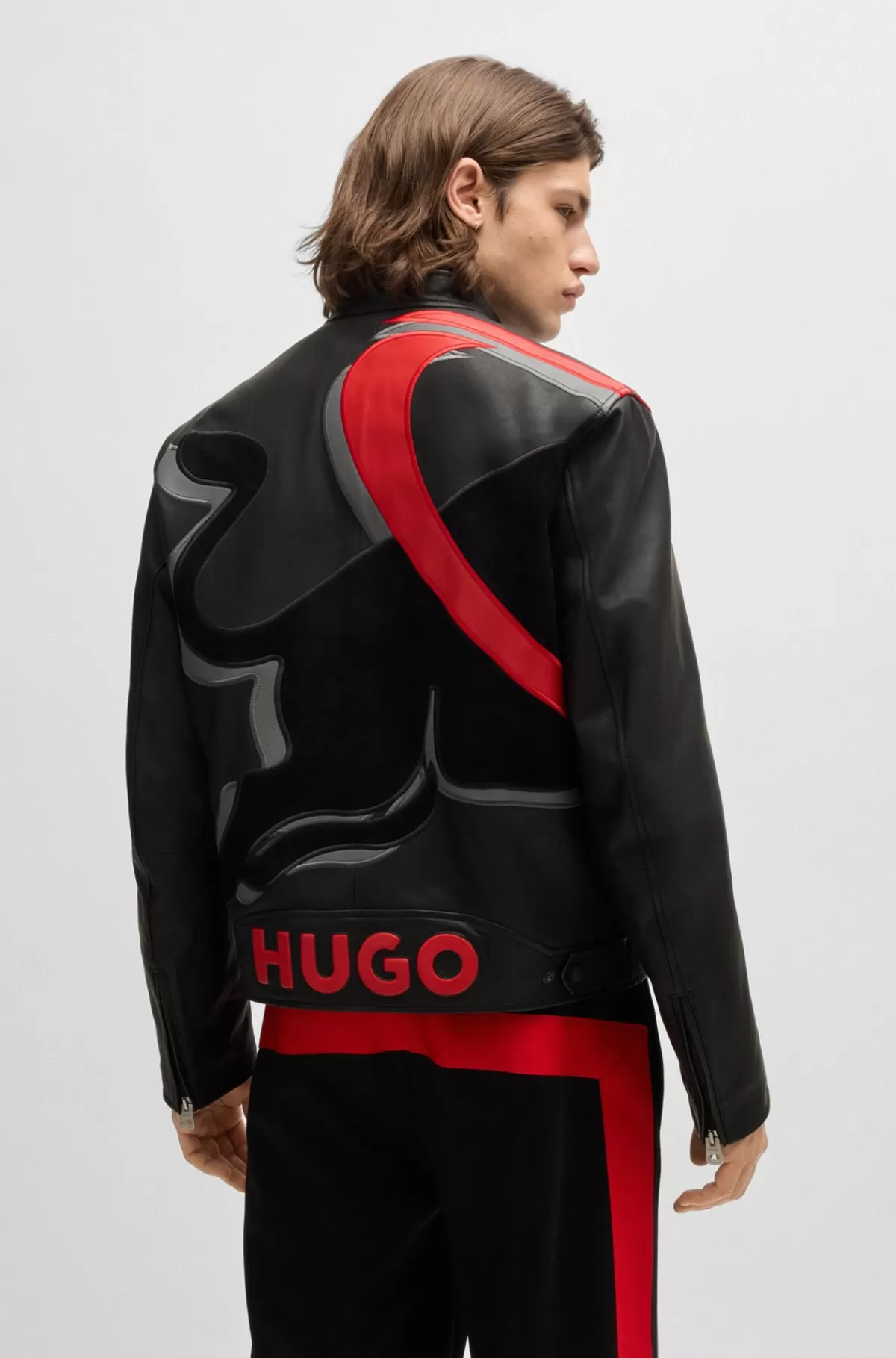 HUGO BOSS HUGO X RB-læderjakke Med Slim Fit Og Signaturgrafik Med Tyr Sort Best