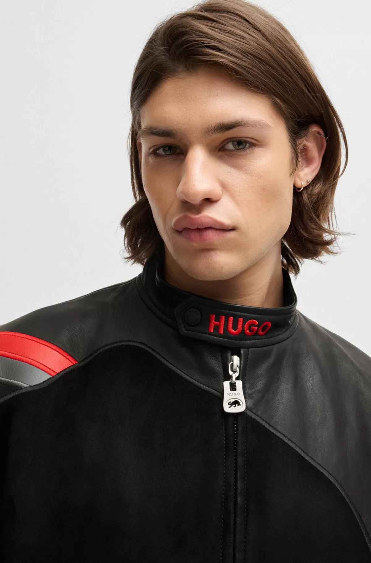 HUGO BOSS HUGO X RB-læderjakke Med Slim Fit Og Signaturgrafik Med Tyr Sort Best