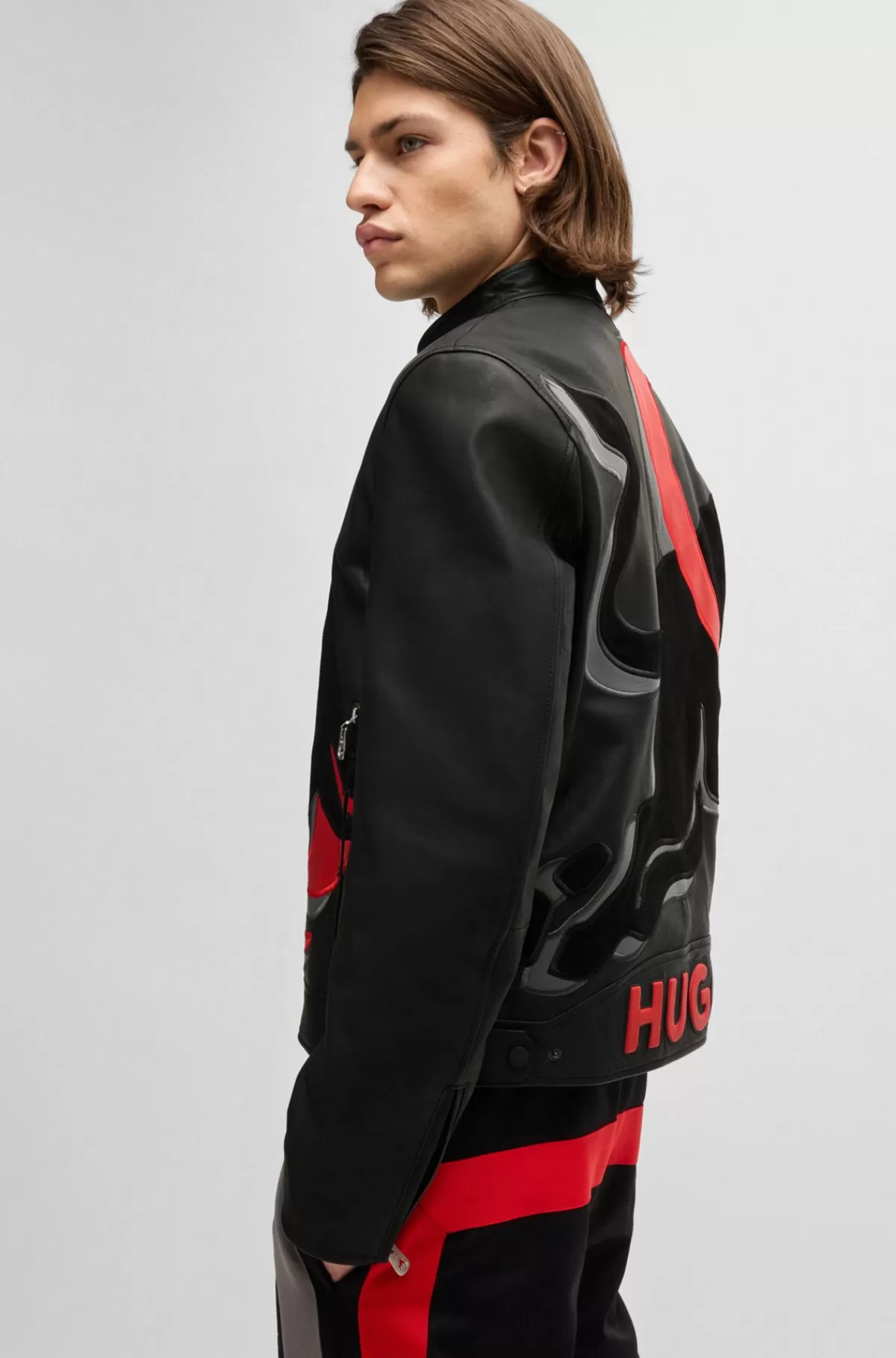 HUGO BOSS HUGO X RB-læderjakke Med Slim Fit Og Signaturgrafik Med Tyr Sort Best