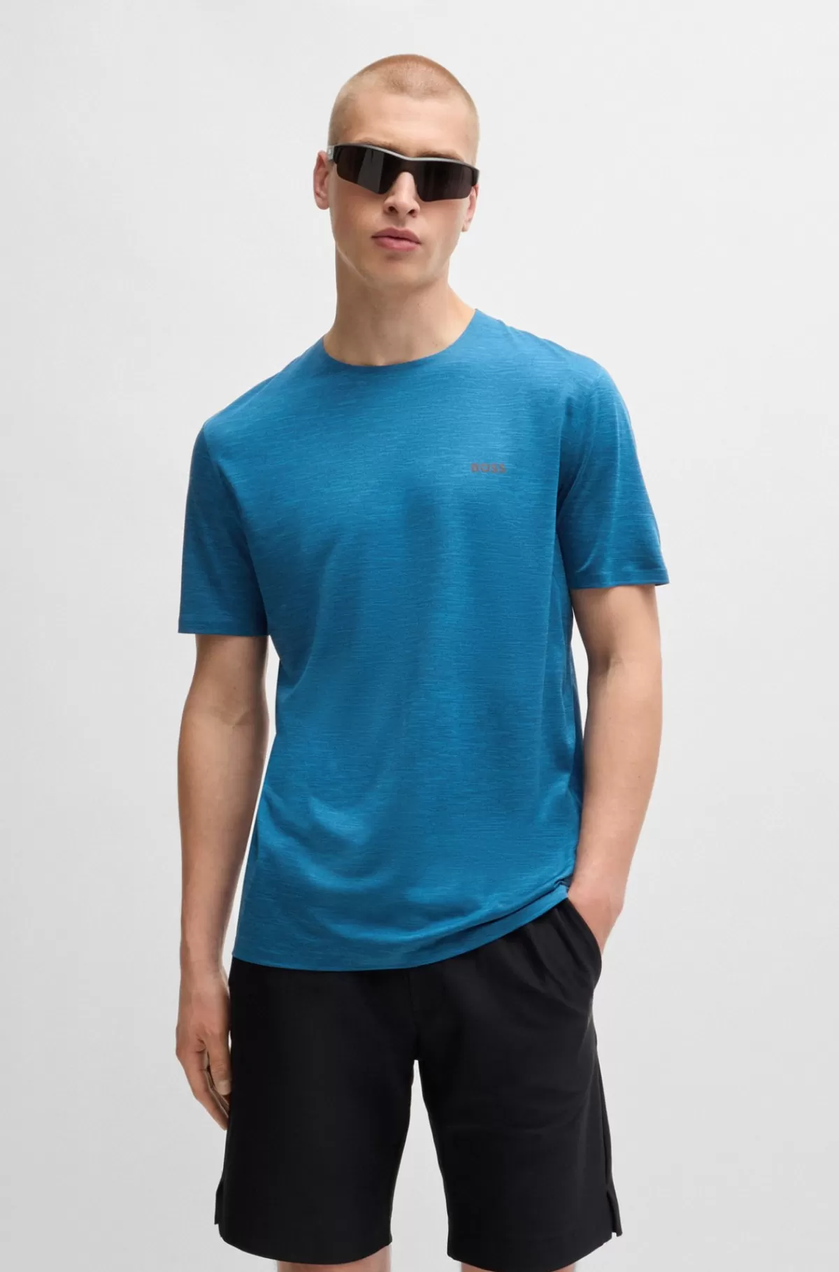 HUGO BOSS Hurtigtørrende T-shirt I Jersey Med Stræk Og Dekorativ Reflekterende Grafik Blå Outlet