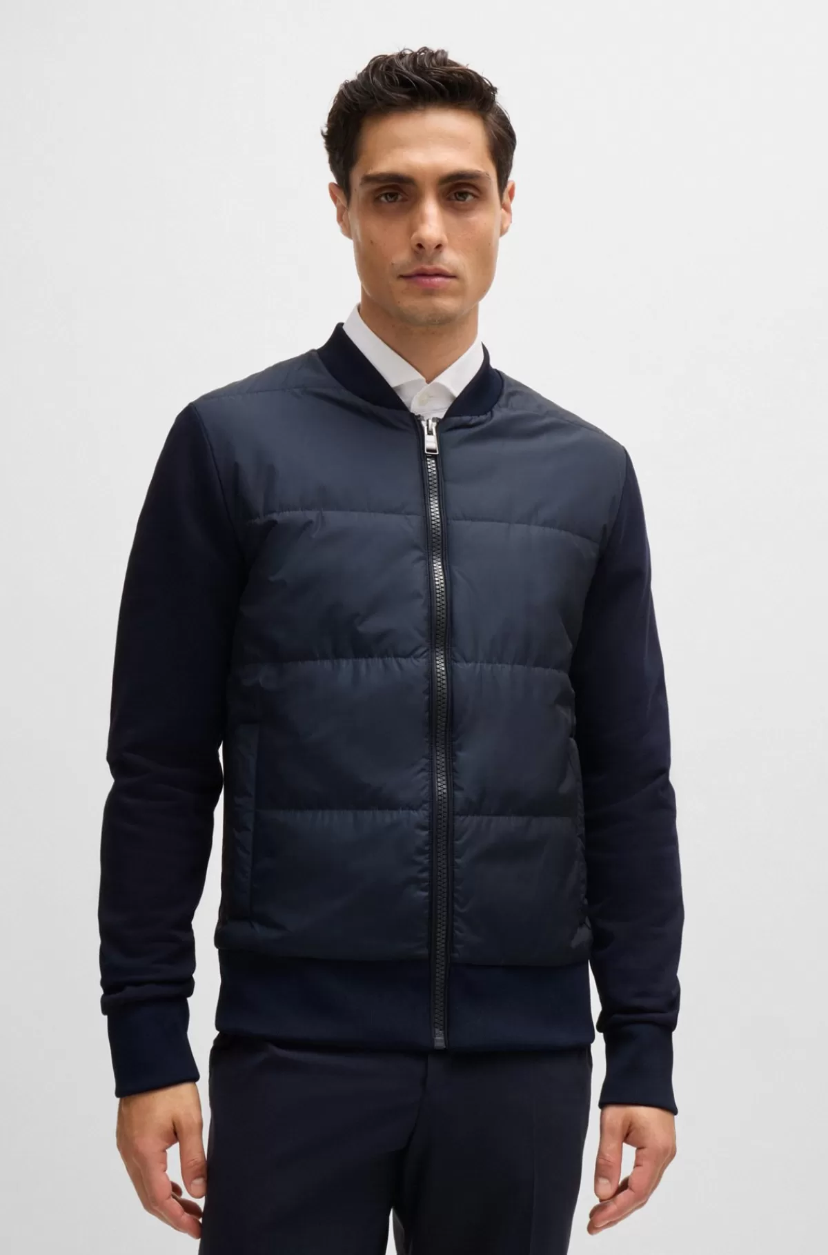 HUGO BOSS Hybridsweatshirt Med Lynlås I Sweatkvalitet Af Bomuld Mørkeblå Outlet