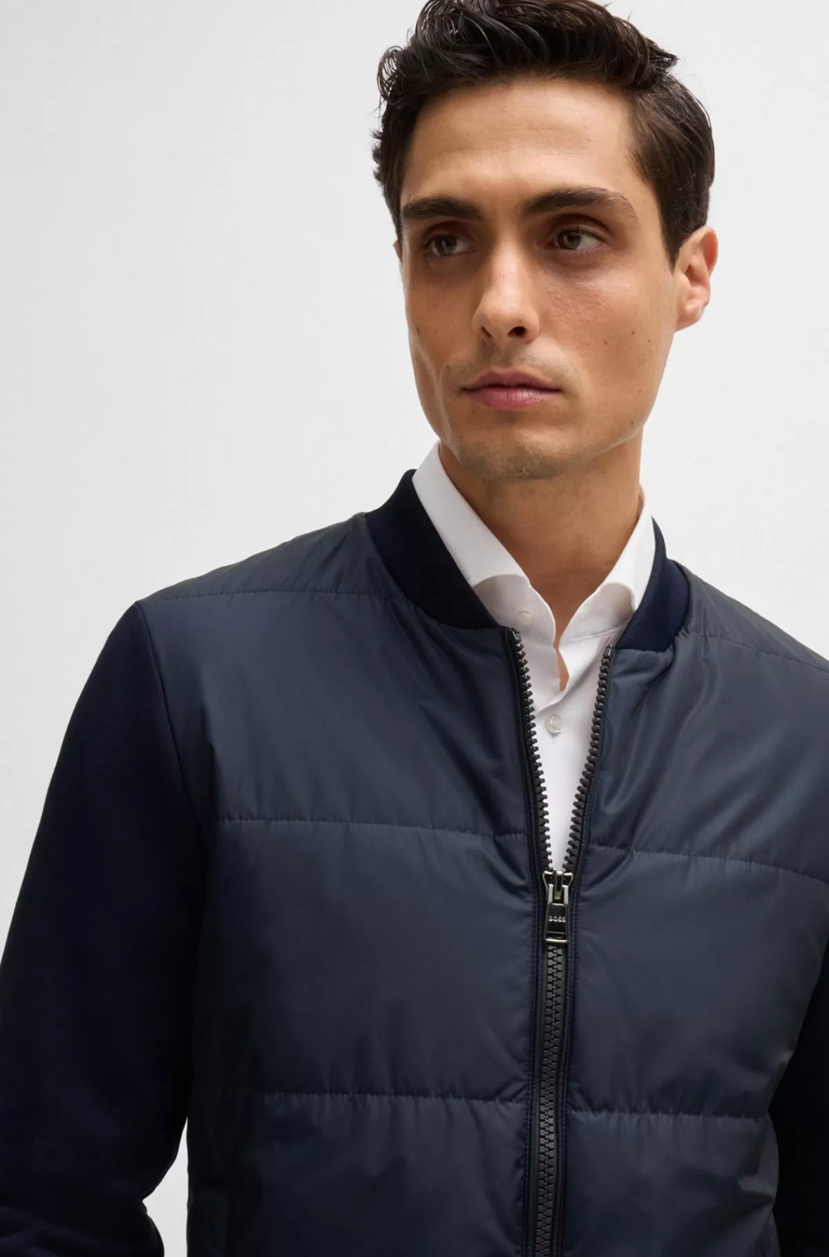 HUGO BOSS Hybridsweatshirt Med Lynlås I Sweatkvalitet Af Bomuld Mørkeblå Outlet