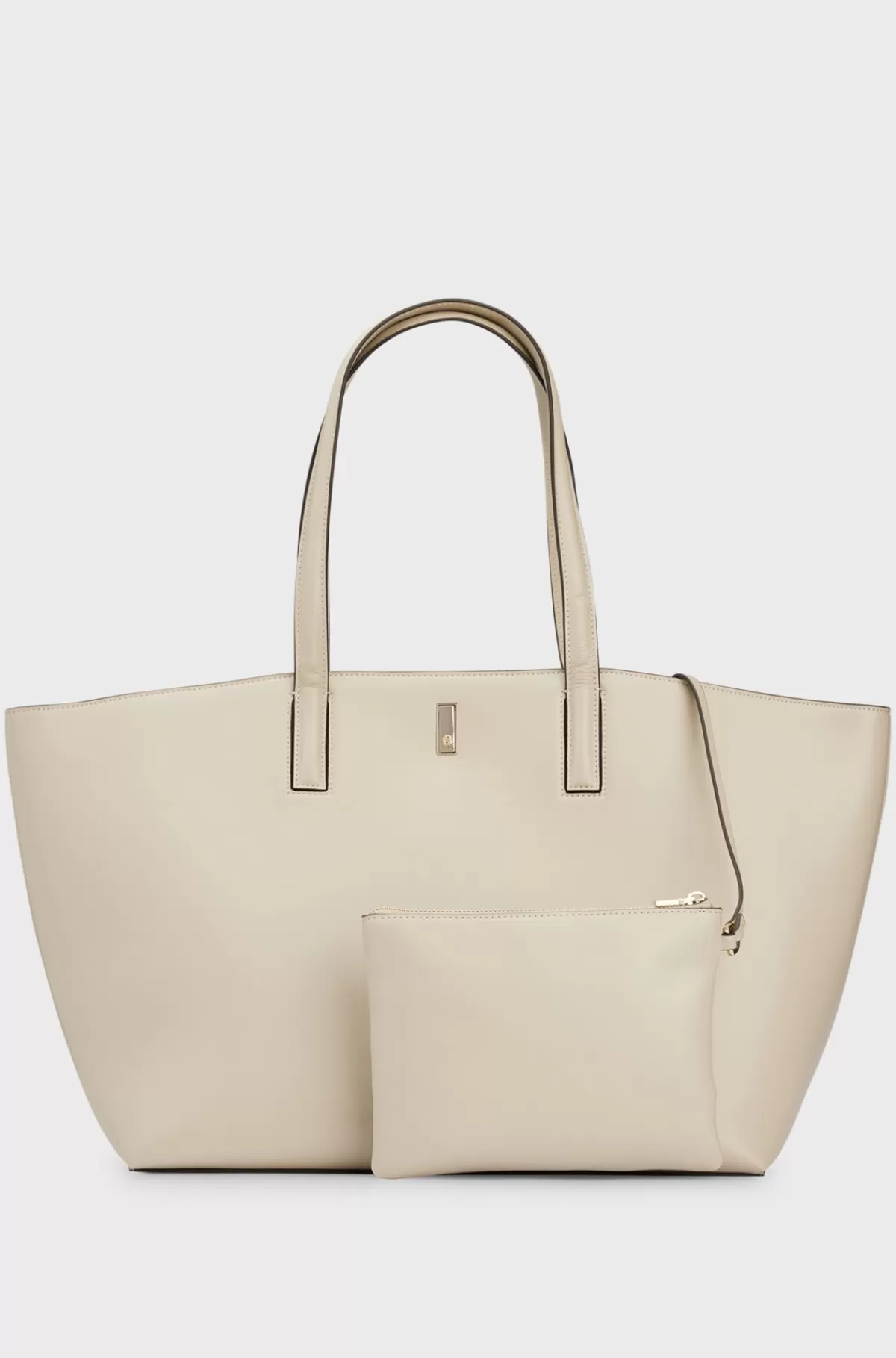 HUGO BOSS Indkøbstaske I Læder Med Signaturmetal Lys beige New