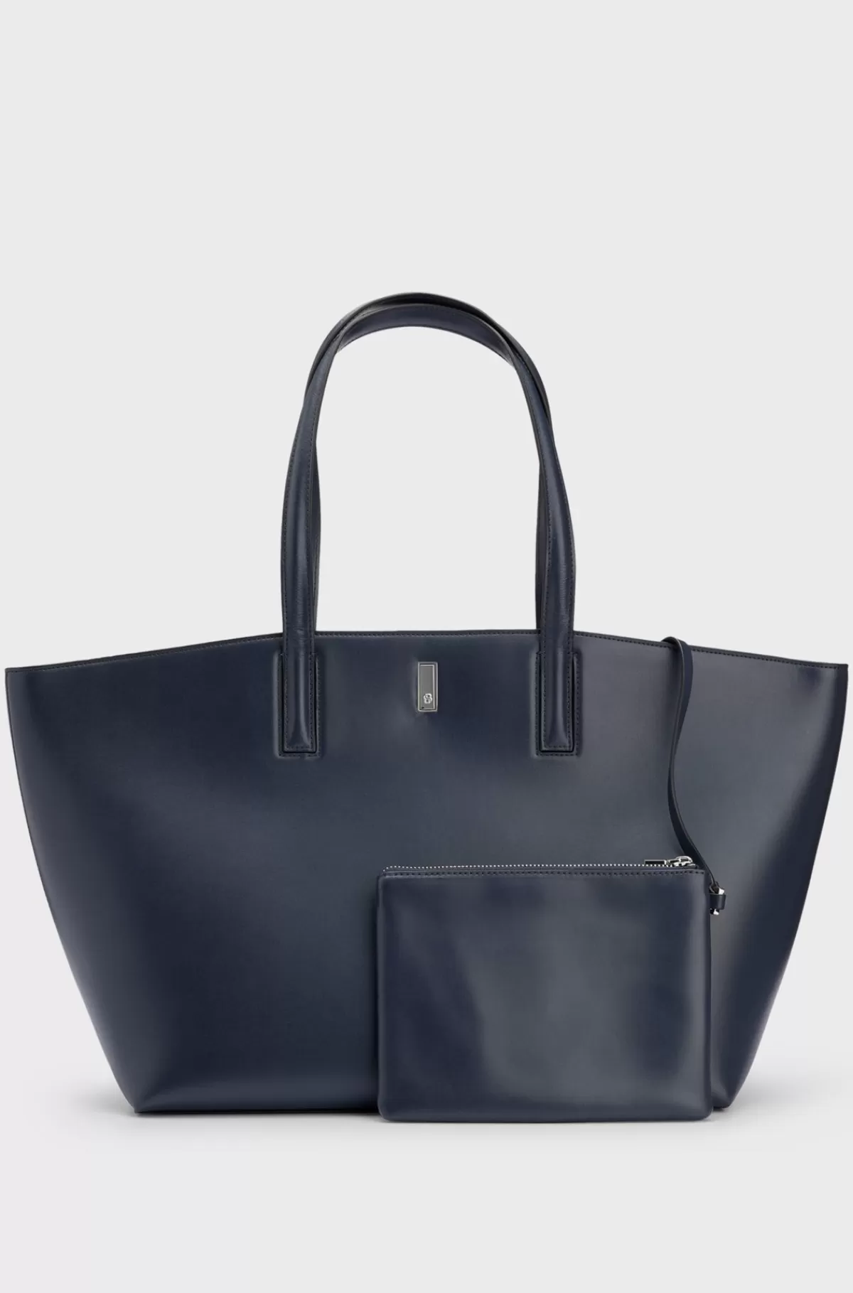 HUGO BOSS Indkøbstaske I Læder Med Signaturmetal Mørkeblå Outlet