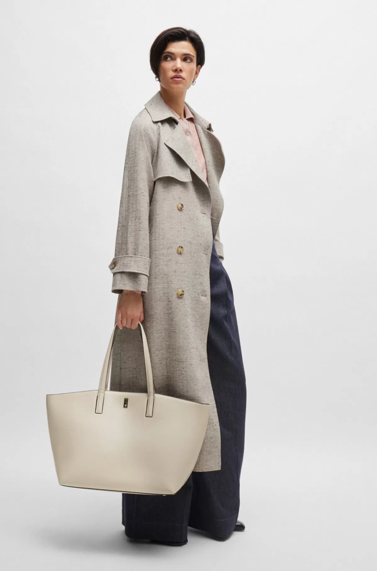HUGO BOSS Indkøbstaske I Læder Med Signaturmetal Lys beige New