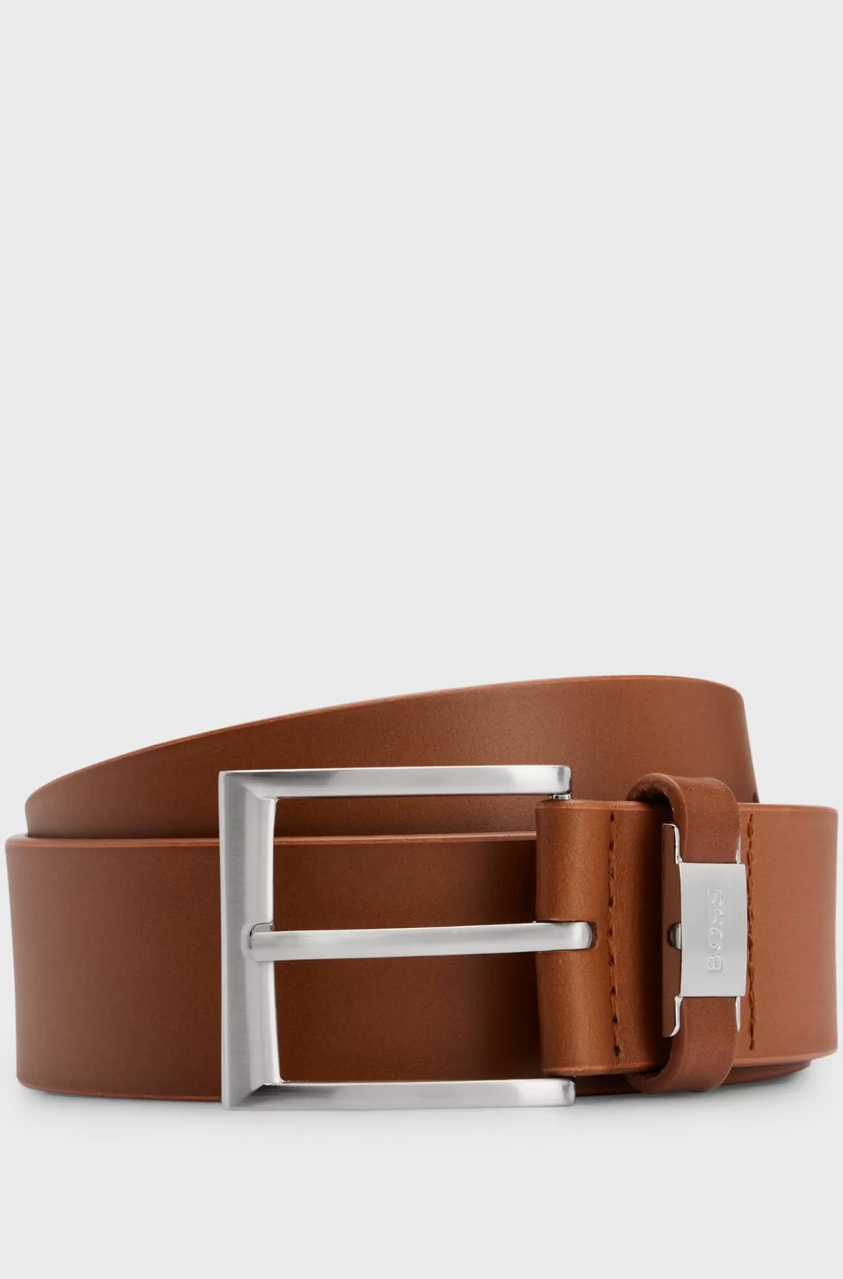 HUGO BOSS Italiensk Læderbælte Med Logo På Bæltestroppen Og Børstet Metal Brun Discount