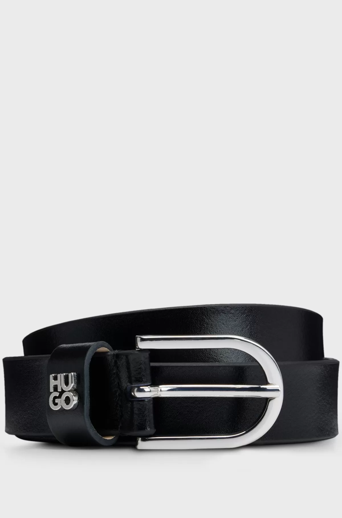 HUGO BOSS Italiensk Læderbælte Med Stablet Logo I Metal Sort Cheap