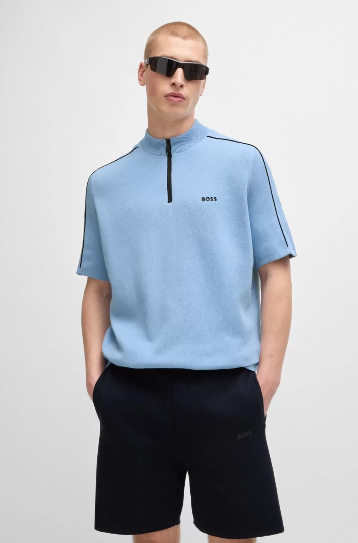 HUGO BOSS Jacquardsweater I Bomuldsblanding Med Tone-i-tonegrafik Med Logo Og Stribe Lyseblå Clearance