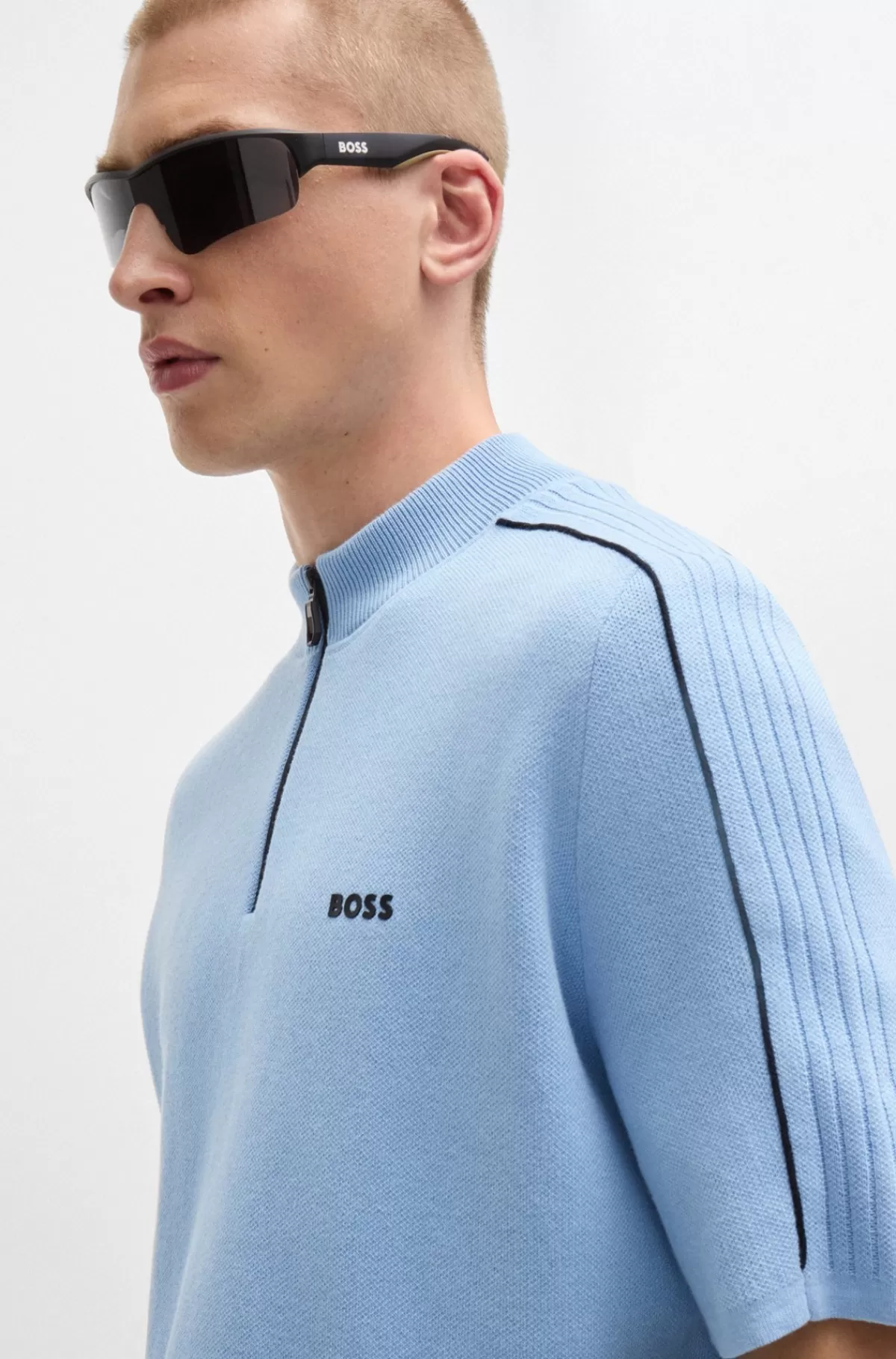 HUGO BOSS Jacquardsweater I Bomuldsblanding Med Tone-i-tonegrafik Med Logo Og Stribe Lyseblå Clearance