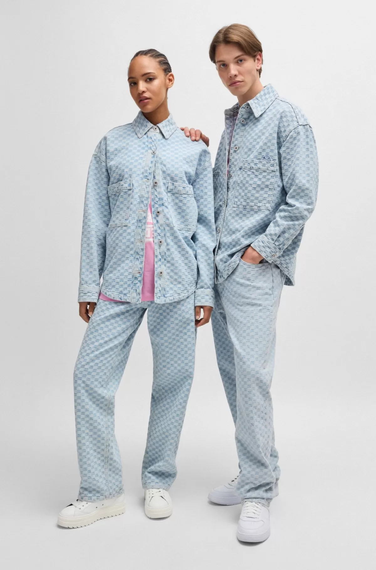 HUGO BOSS Jakke I Blå Denim Med Skakternet Jacquard Lyseblå Flash Sale