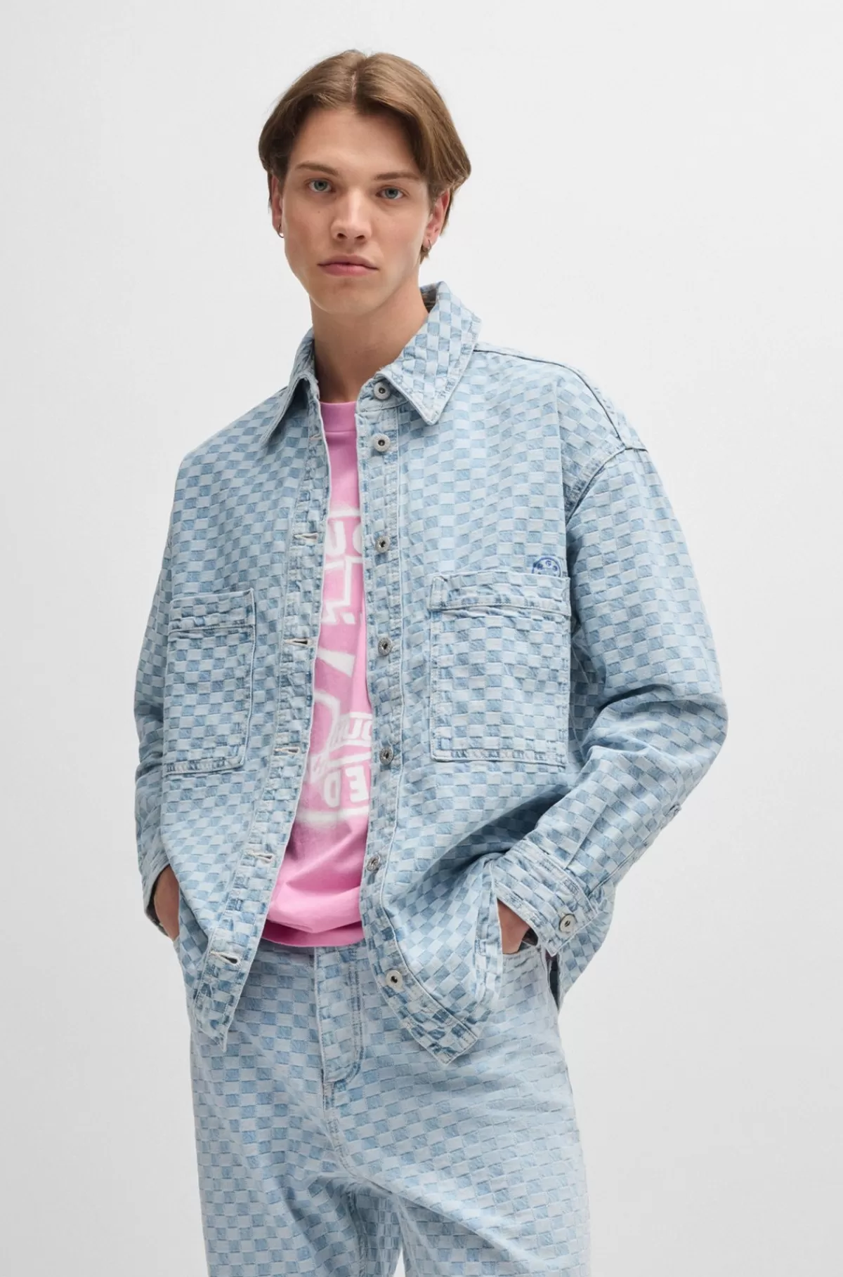 HUGO BOSS Jakke I Blå Denim Med Skakternet Jacquard Lyseblå Flash Sale