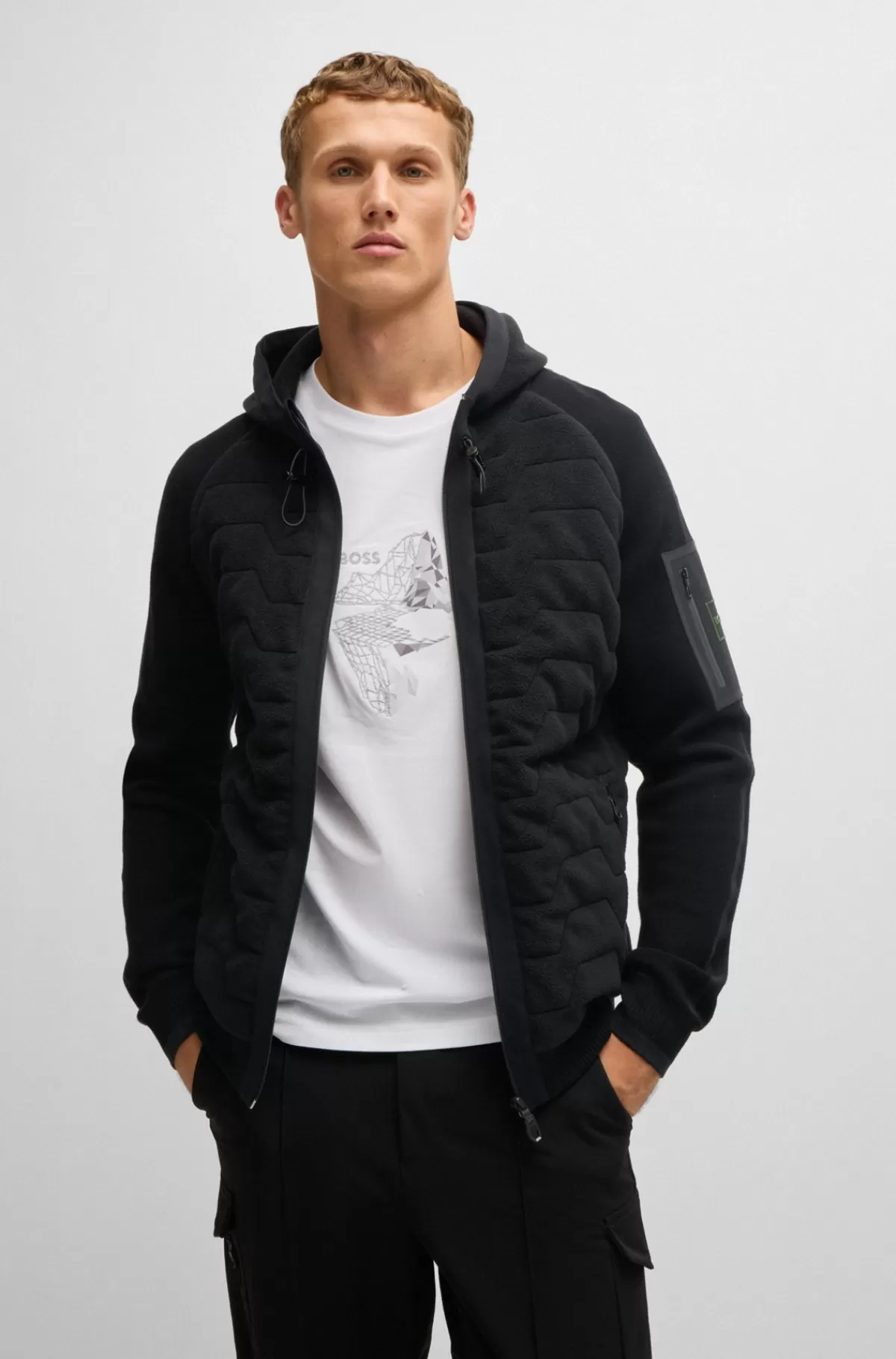 HUGO BOSS Jakke I Blandede Materialer Med Hætte Og Kviltet Front Sort Cheap
