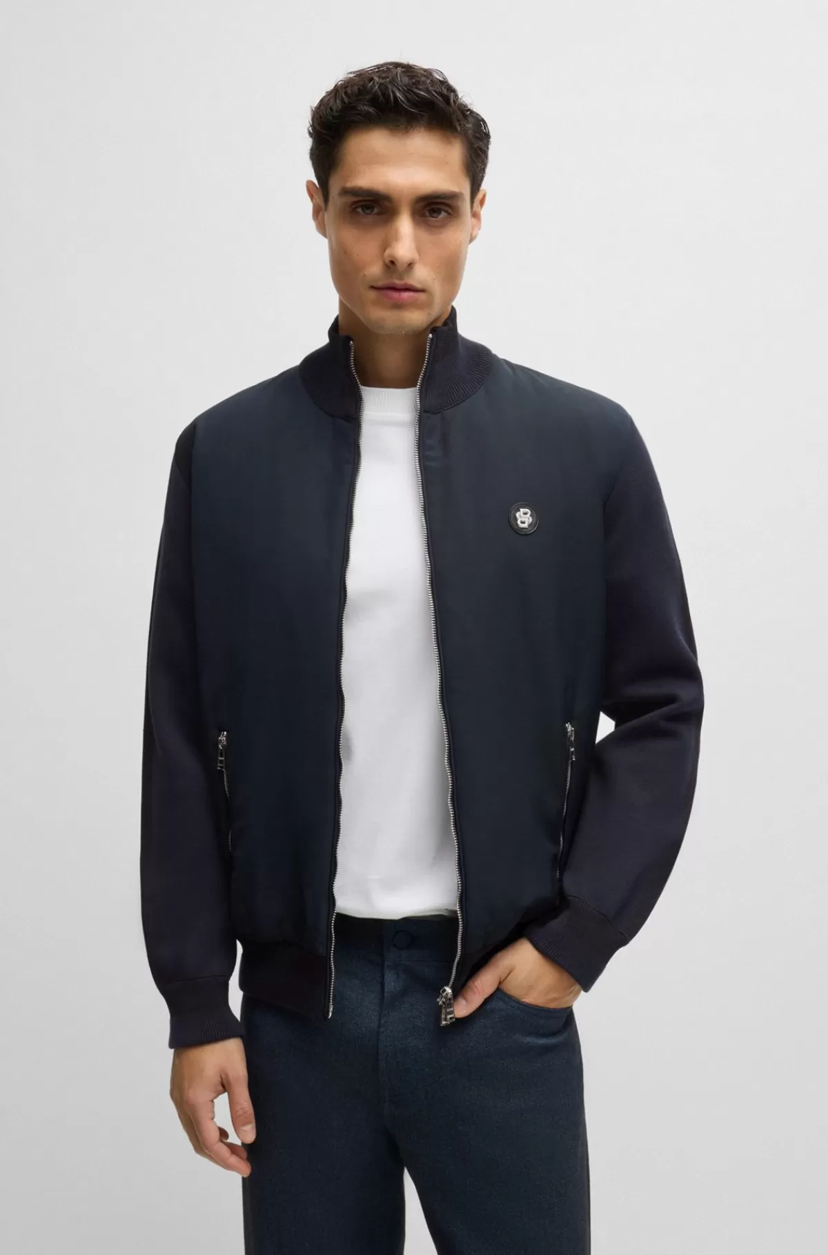 HUGO BOSS Jakke I Blandede Materialer Med Lynlås Og Badge Med Dobbeltmonogram Mørkeblå Cheap