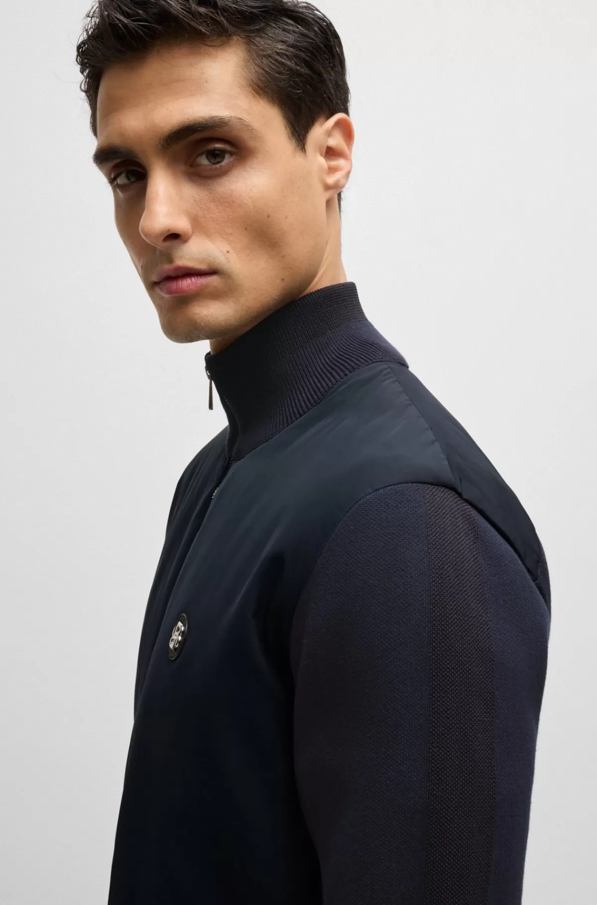HUGO BOSS Jakke I Blandede Materialer Med Lynlås Og Badge Med Dobbeltmonogram Mørkeblå Cheap