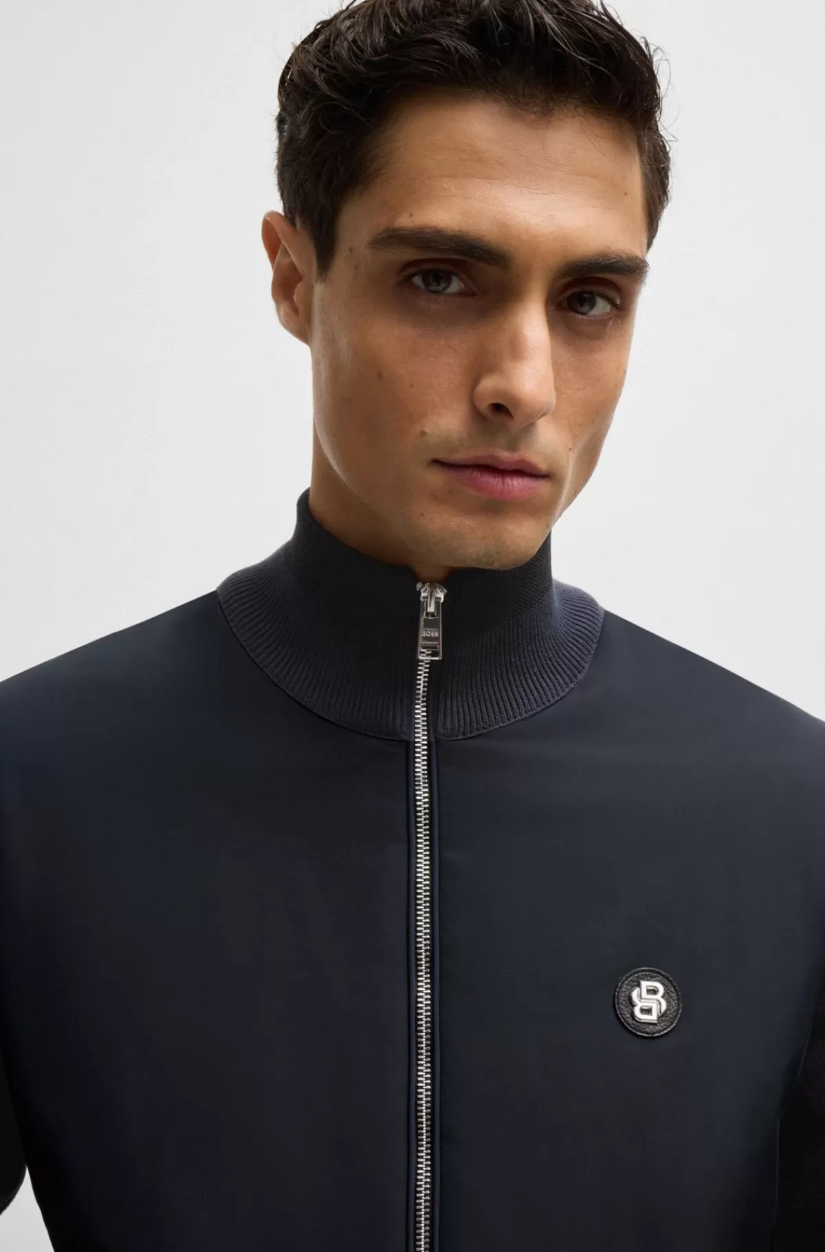HUGO BOSS Jakke I Blandede Materialer Med Lynlås Og Badge Med Dobbeltmonogram Mørkeblå Cheap