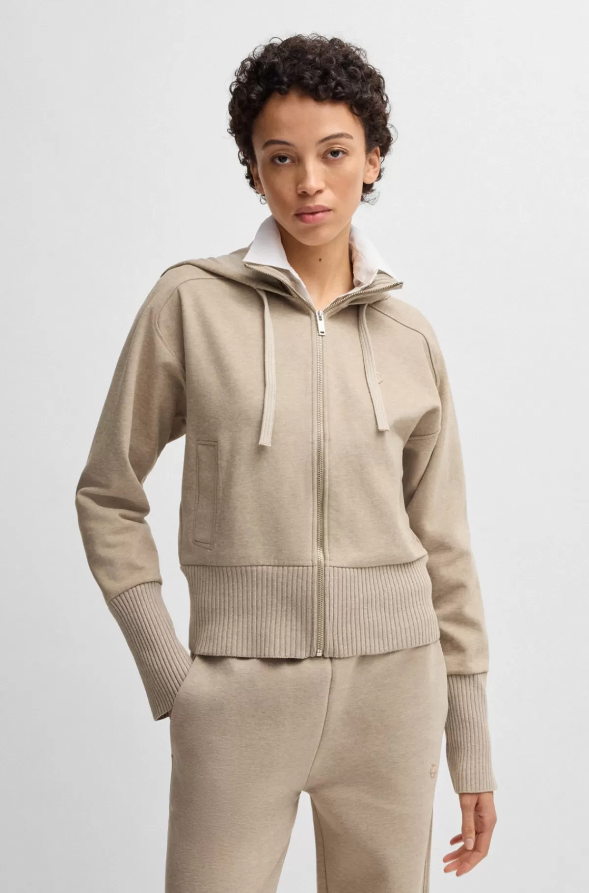 HUGO BOSS Jakke I Bomuldsjersey Med Hætte Og Dobbelt B-monogram Beige Best