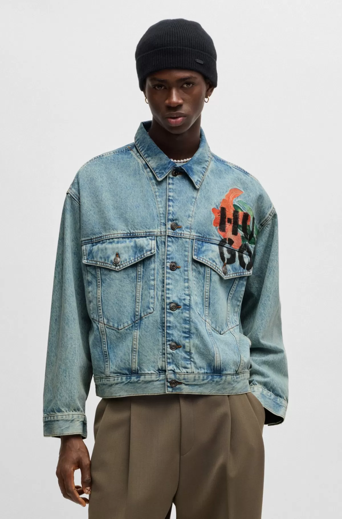 HUGO BOSS Jakke I Denim Uden Stræk Med Regular Fit Og Logoprint Lyseblå Cheap