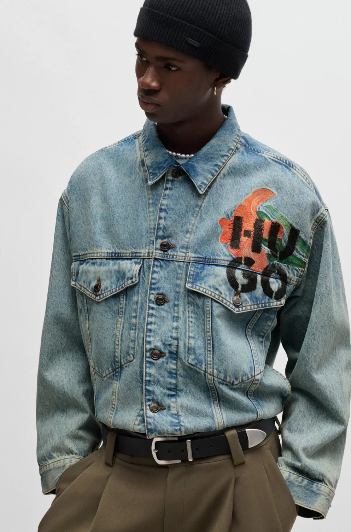 HUGO BOSS Jakke I Denim Uden Stræk Med Regular Fit Og Logoprint Lyseblå Cheap