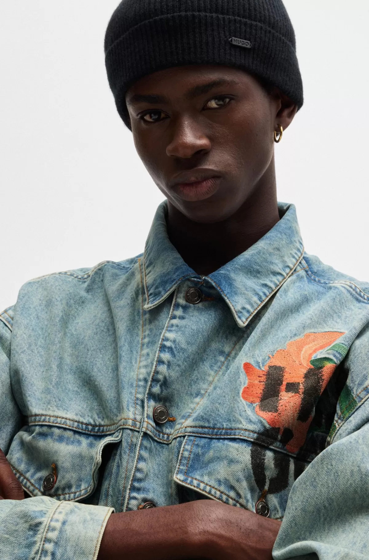 HUGO BOSS Jakke I Denim Uden Stræk Med Regular Fit Og Logoprint Lyseblå Cheap
