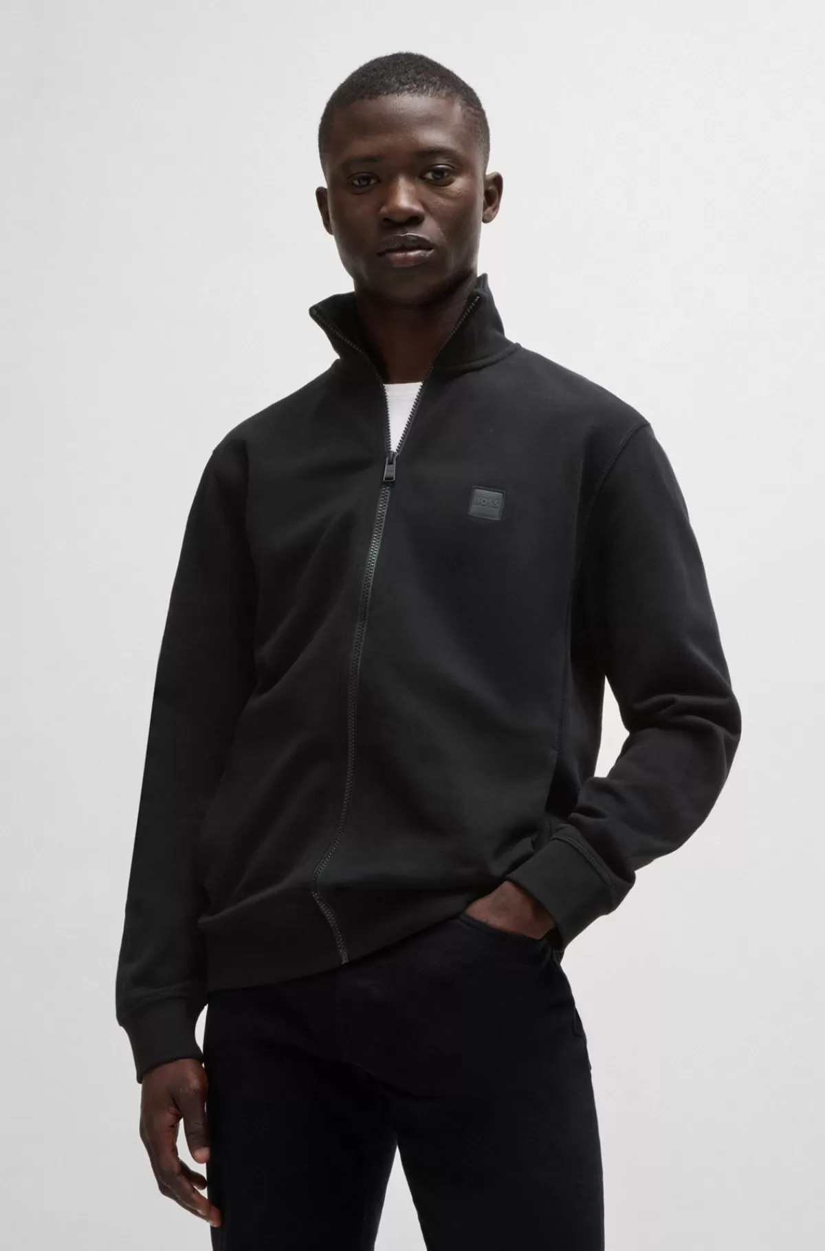 HUGO BOSS Jakke I Sweatkvalitet Med Lynlås Og Logobadge Sort Hot