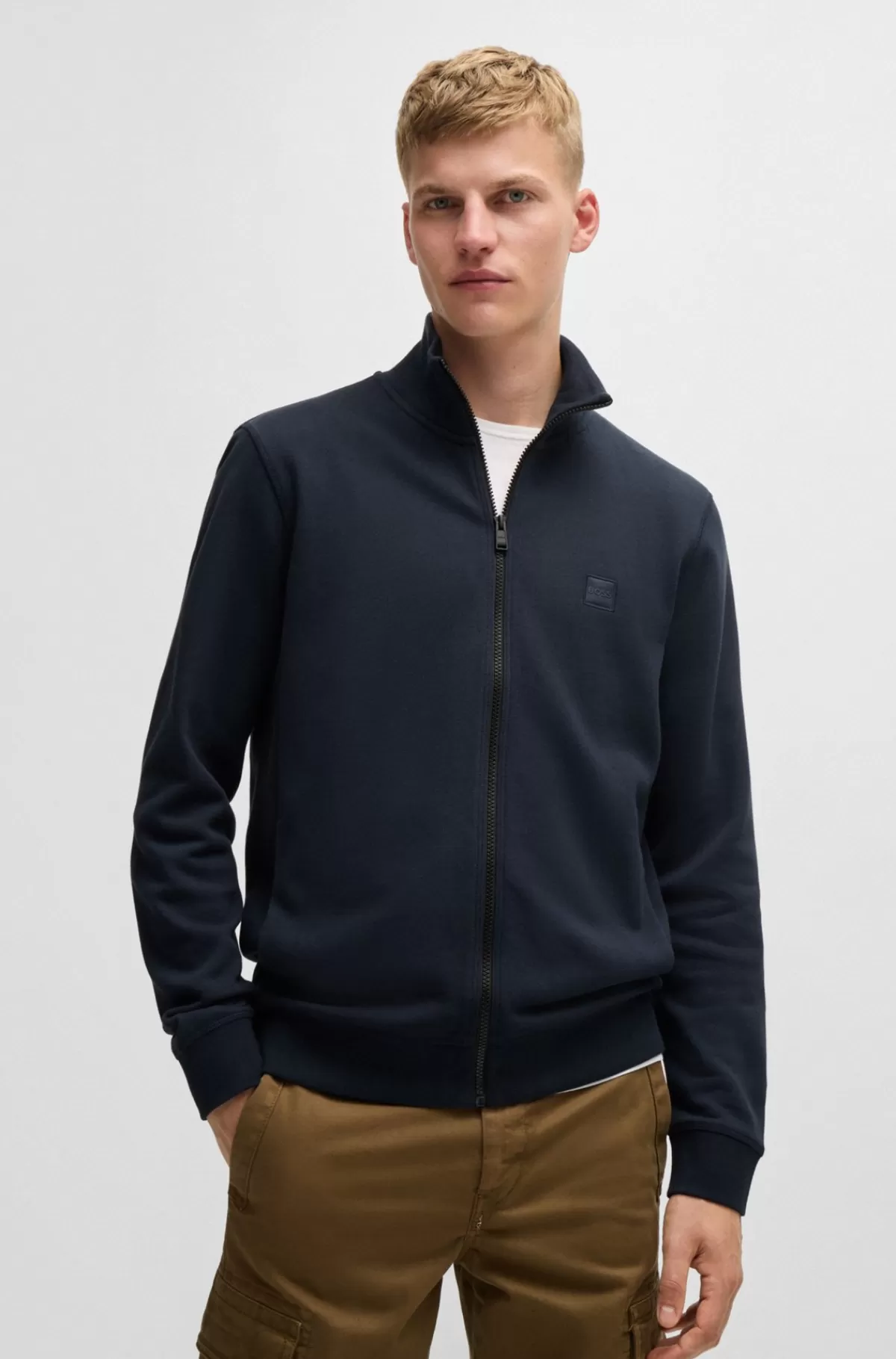 HUGO BOSS Jakke I Sweatkvalitet Med Lynlås Og Logobadge Mørkeblå Fashion