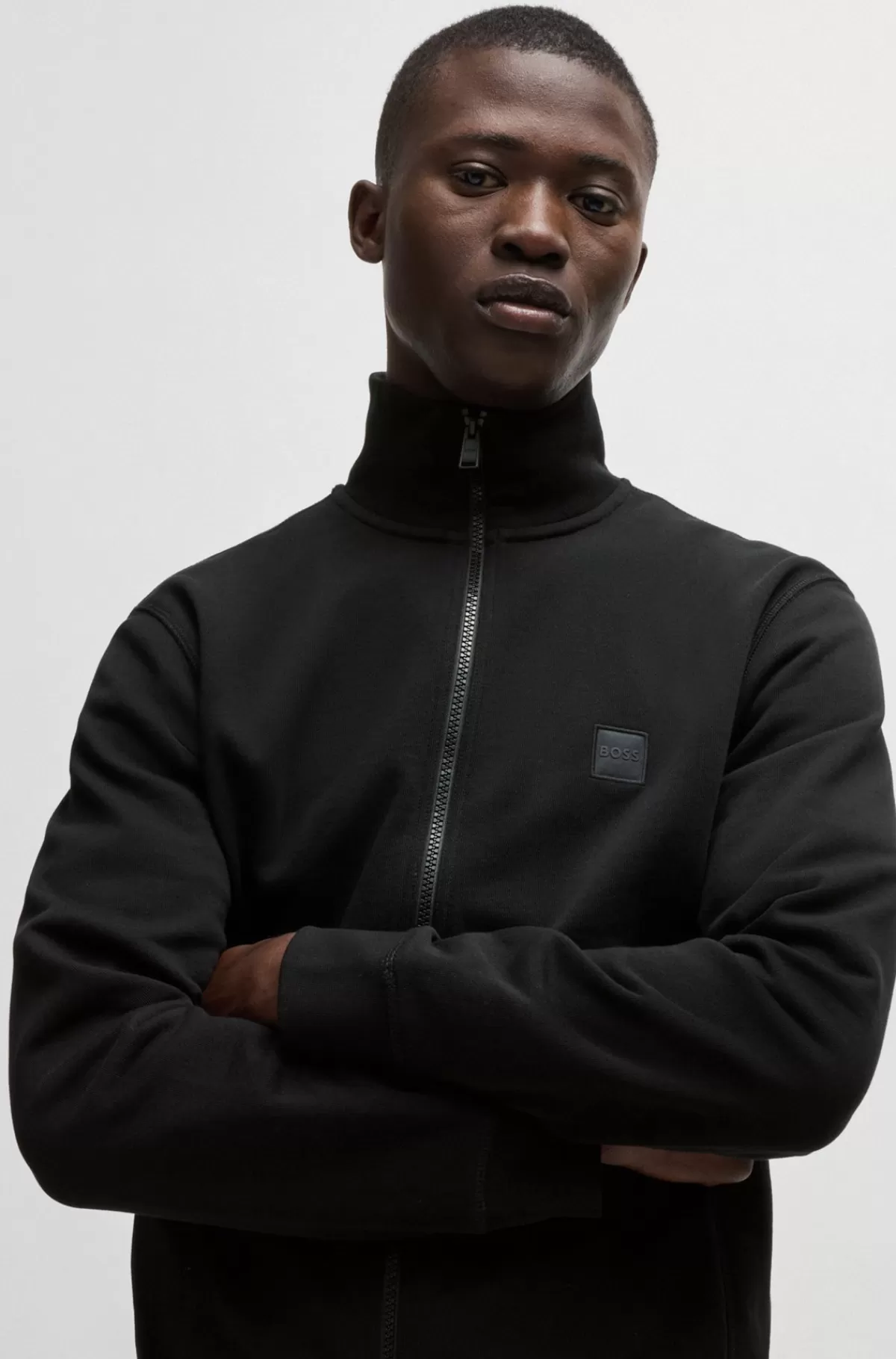 HUGO BOSS Jakke I Sweatkvalitet Med Lynlås Og Logobadge Sort Hot