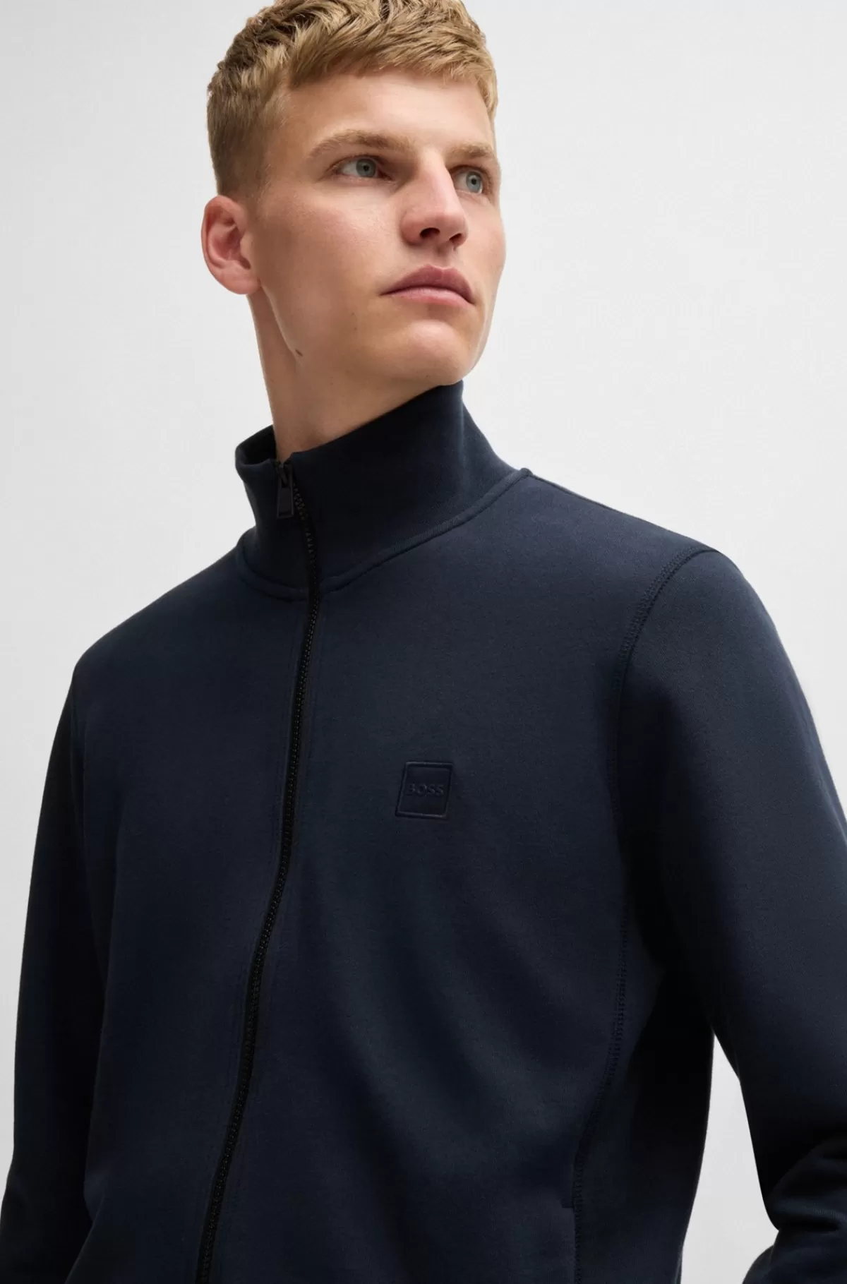 HUGO BOSS Jakke I Sweatkvalitet Med Lynlås Og Logobadge Mørkeblå Fashion