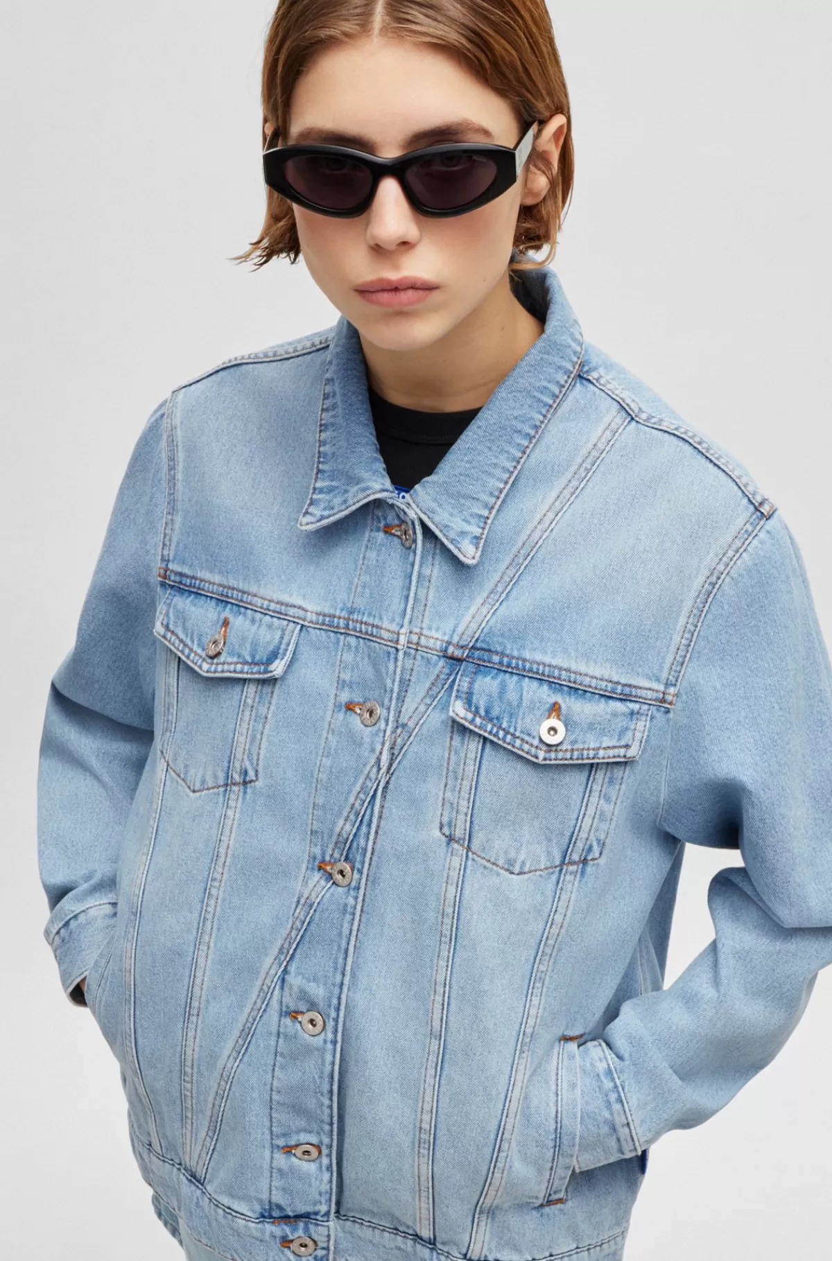 HUGO BOSS Jakke Med Boxy Fit Jakke Af Kraftig, Blå, Stenvasket Denim Lyseblå Outlet