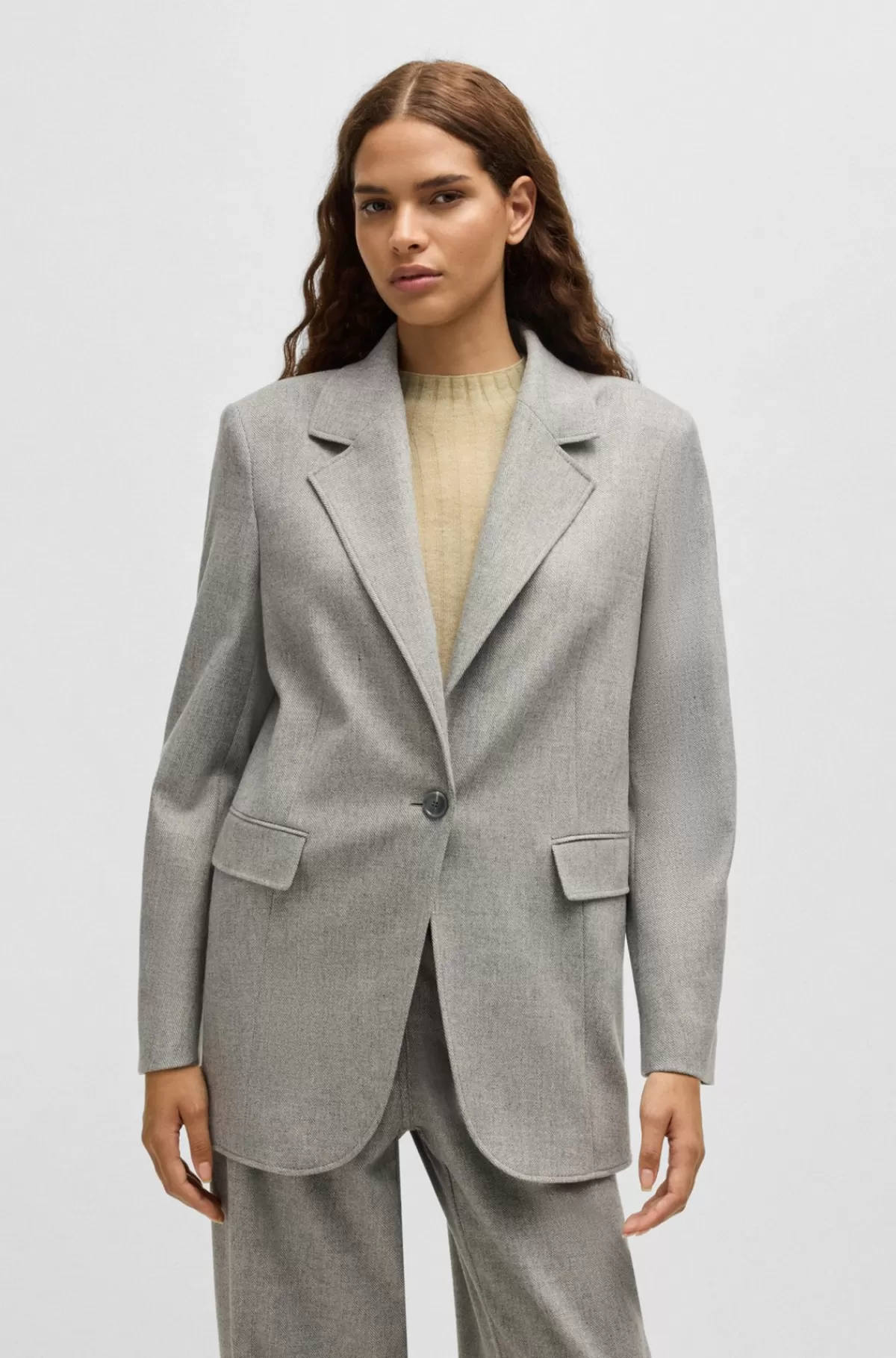 HUGO BOSS Jakke Med Enkeltknapslukning I Flannel Med Stræk Sølv Store