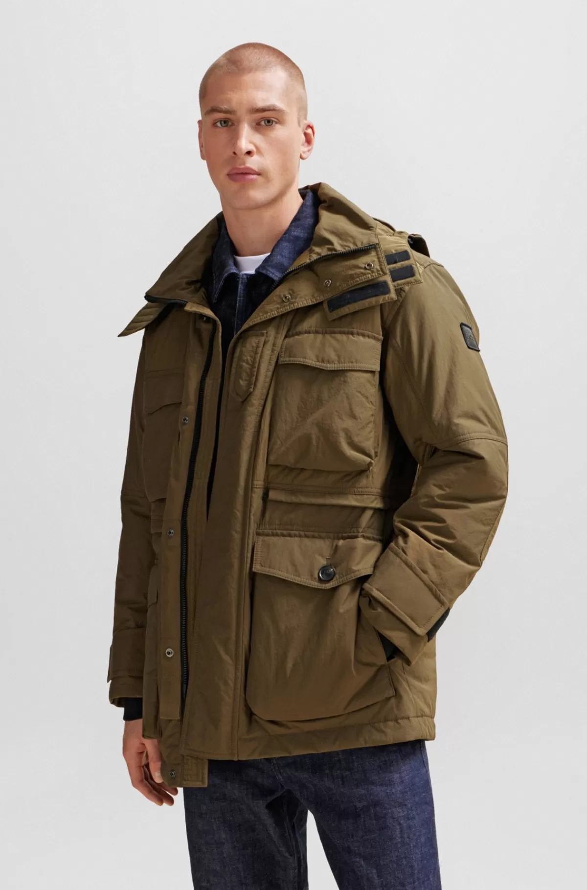 HUGO BOSS Jakke Med Hætte Af Blandet Materiale Med Vandskyende Finish Mørkegrøn Sale