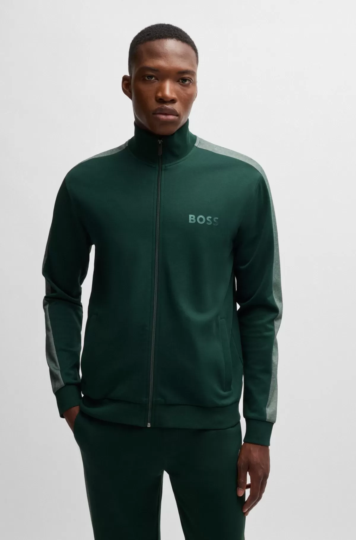 HUGO BOSS Jakke Med Lynlås I Bomuldsblanding Med Folieprintet Logo Grøn Cheap