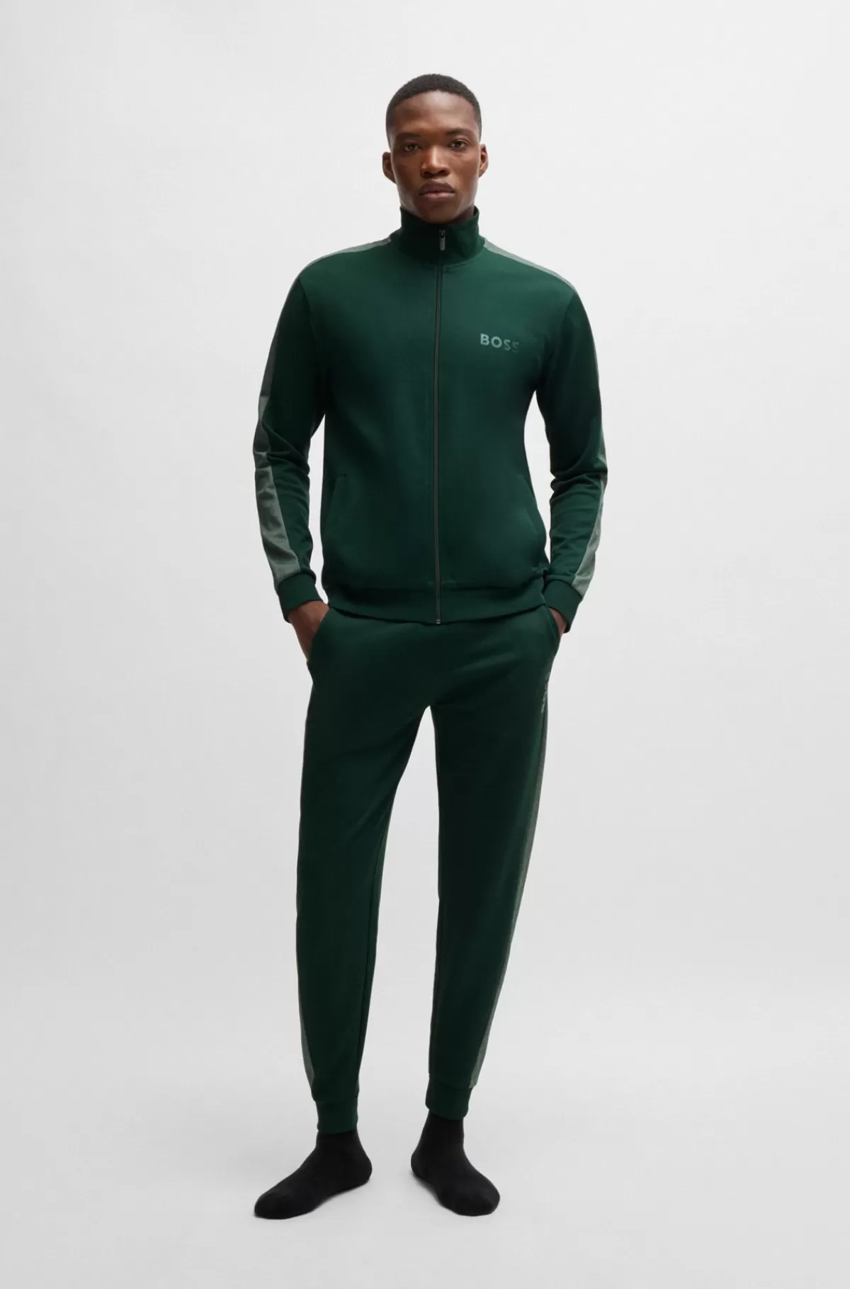 HUGO BOSS Jakke Med Lynlås I Bomuldsblanding Med Folieprintet Logo Grøn Cheap