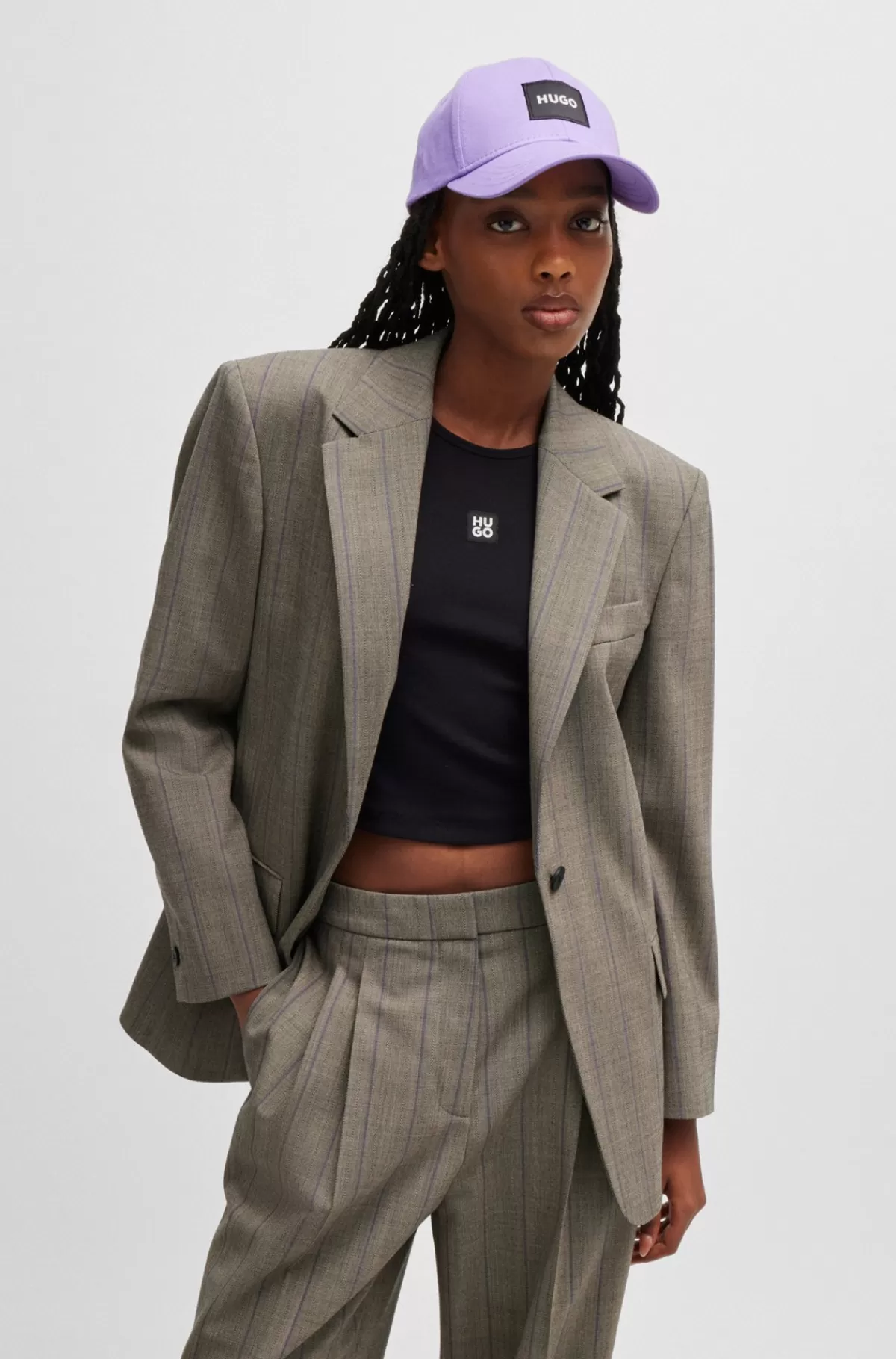 HUGO BOSS Jakke Med Oversize Fit I Stribet Stof Med Stræk Beige New