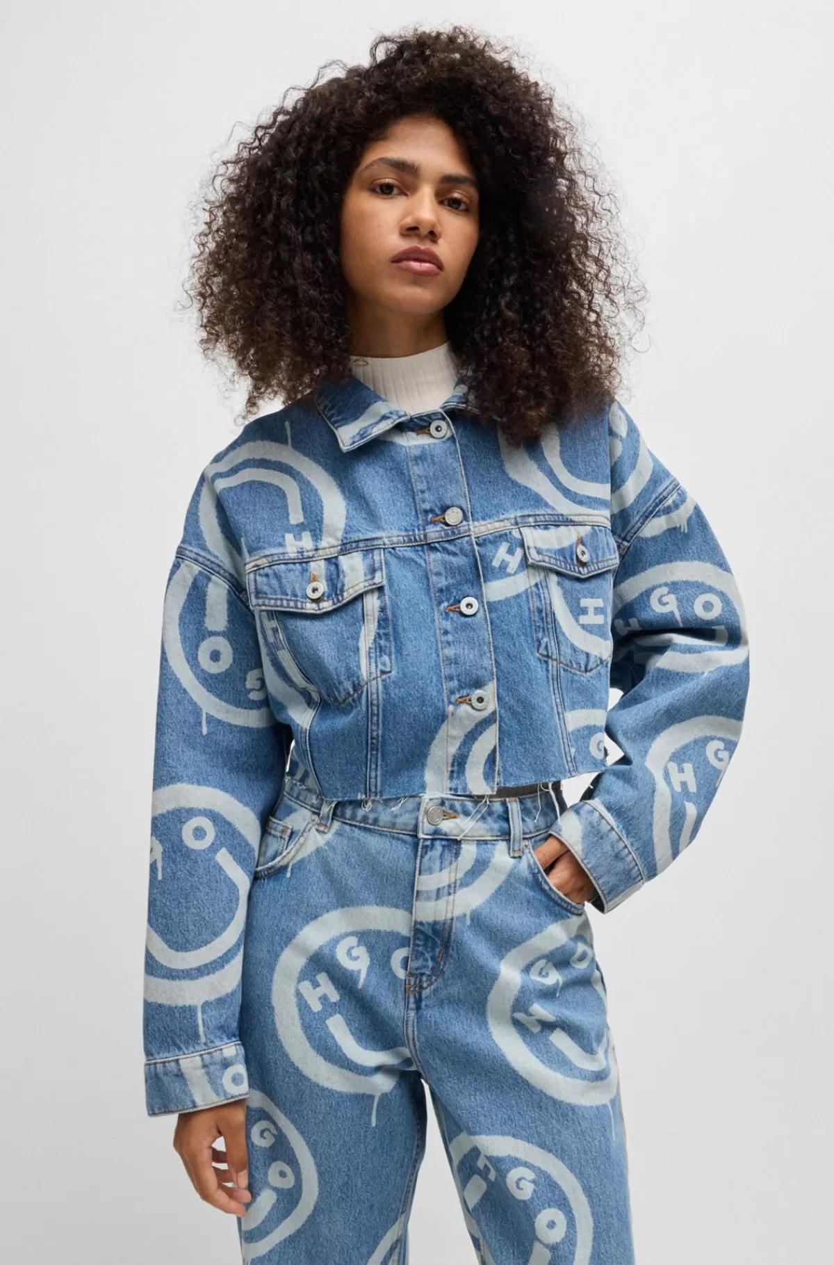 HUGO BOSS Jakke Med Oversize Fit Og Happy HUGO Logoer Lyseblå Outlet