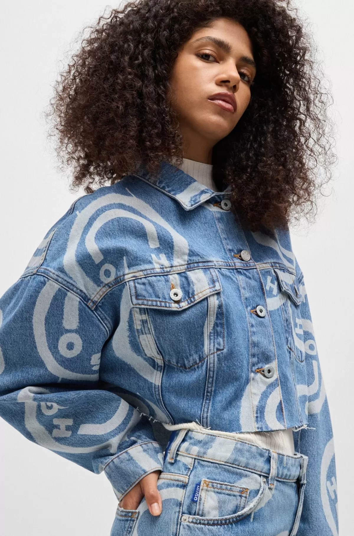 HUGO BOSS Jakke Med Oversize Fit Og Happy HUGO Logoer Lyseblå Outlet
