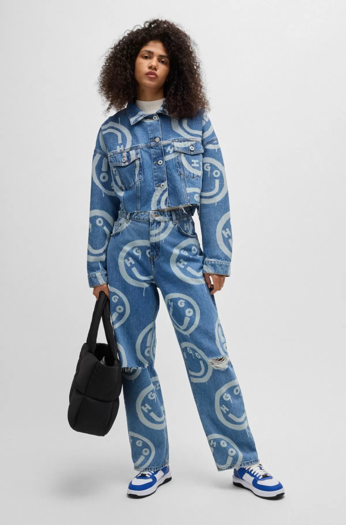 HUGO BOSS Jakke Med Oversize Fit Og Happy HUGO Logoer Lyseblå Outlet