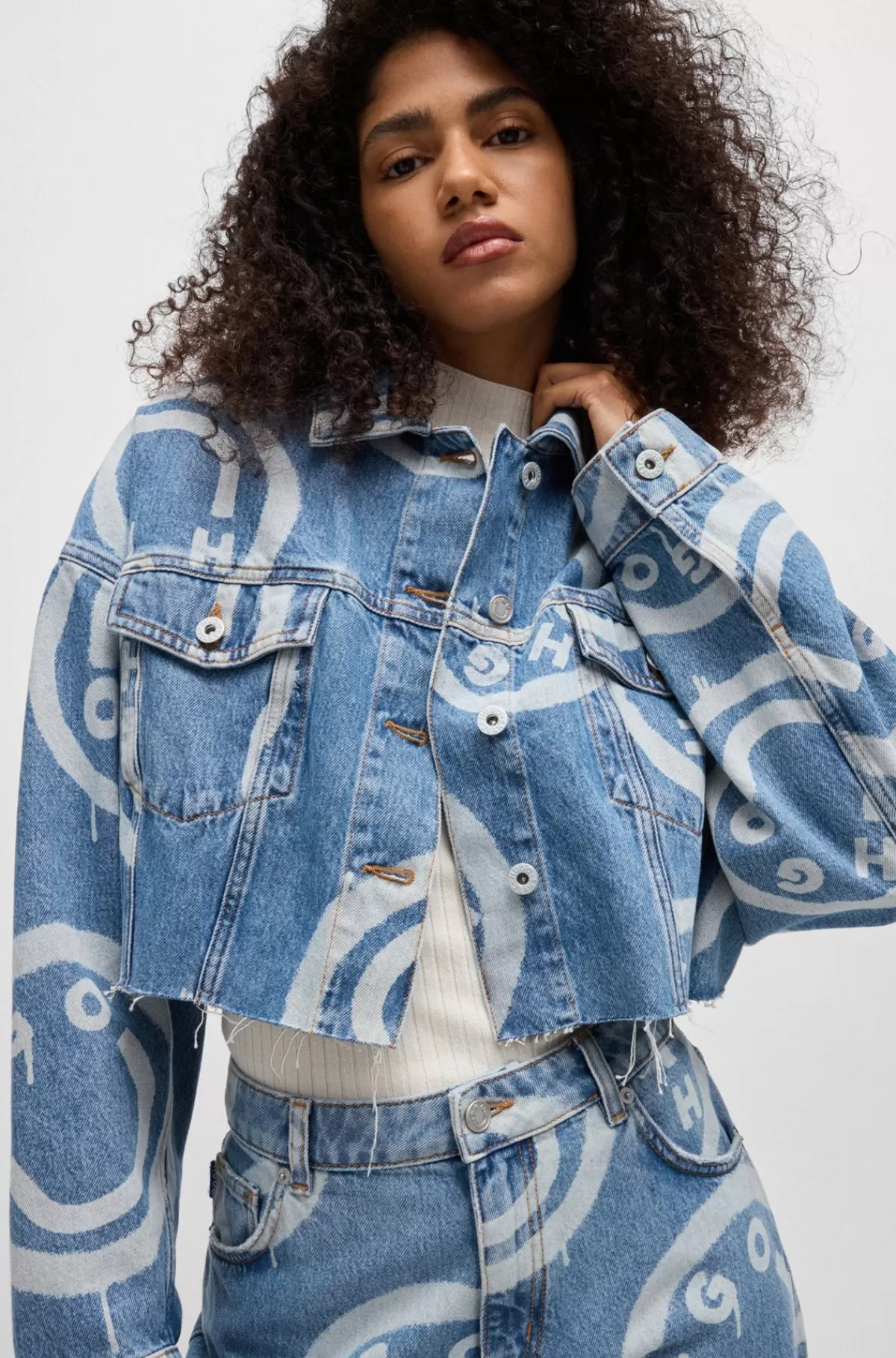 HUGO BOSS Jakke Med Oversize Fit Og Happy HUGO Logoer Lyseblå Outlet