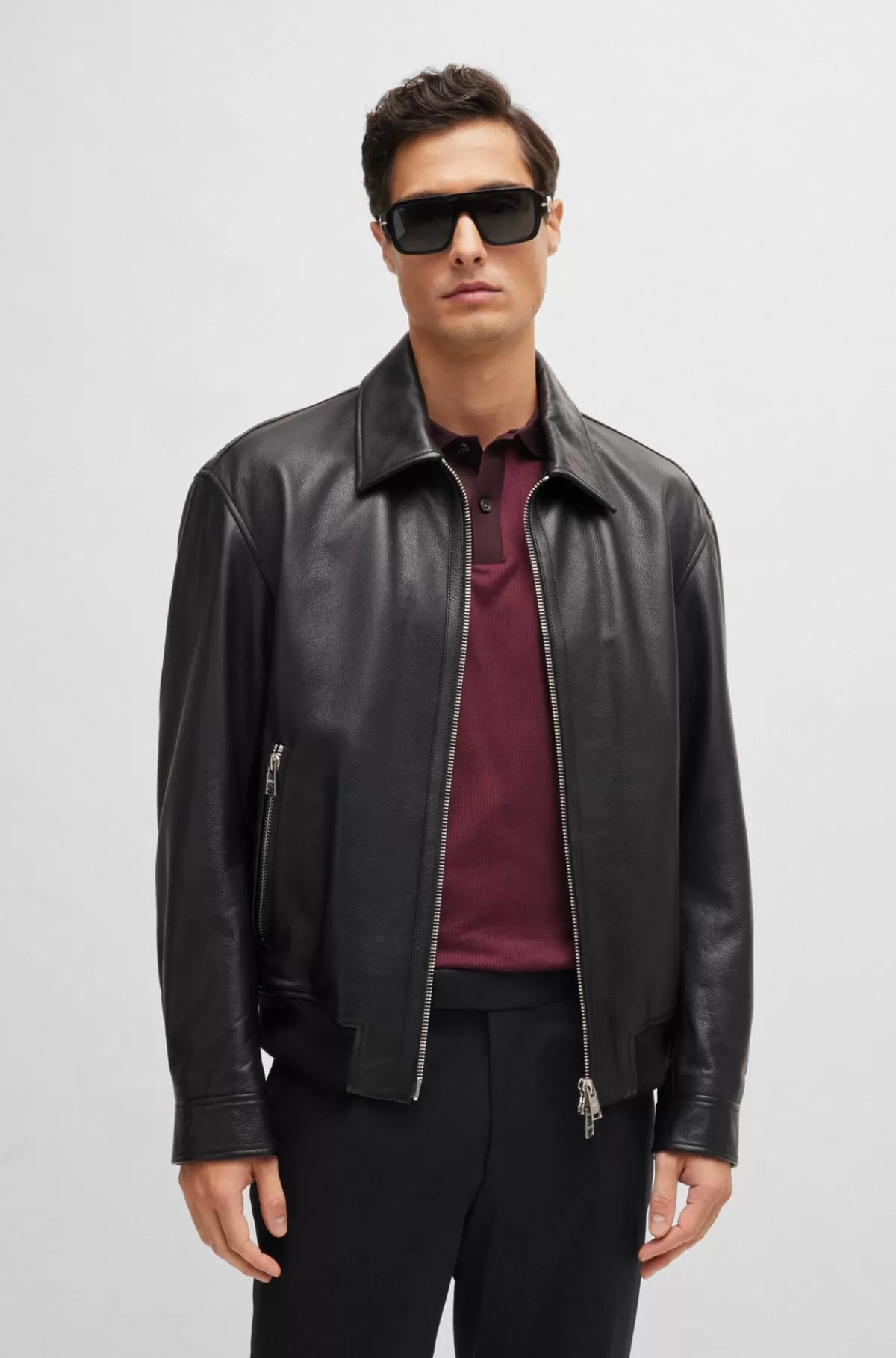 HUGO BOSS Jakke Med Regular Fit I Blødt Læder Med Kinakrave Sort Best Sale