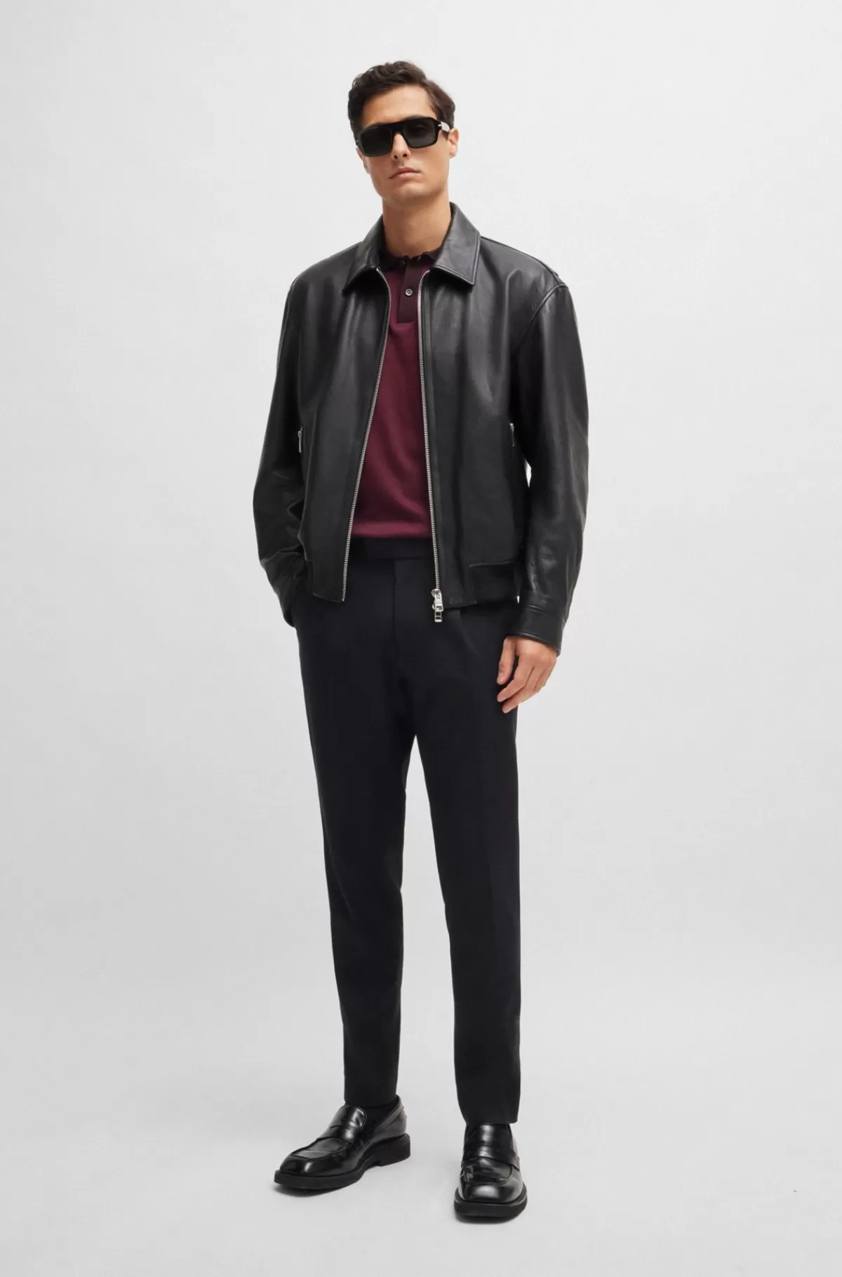 HUGO BOSS Jakke Med Regular Fit I Blødt Læder Med Kinakrave Sort Best Sale