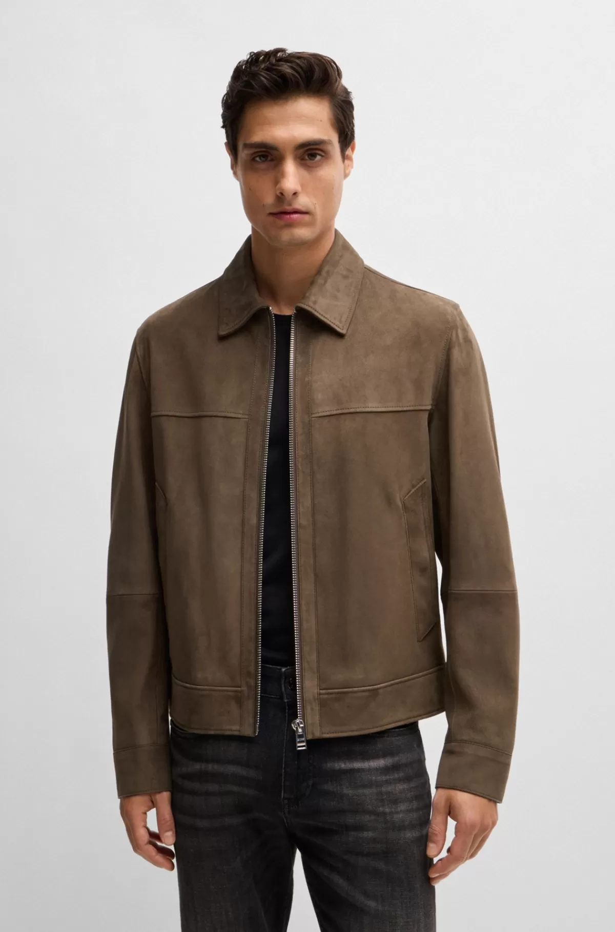HUGO BOSS Jakke Med Regular Fit I Blødt Ruskind Med Lynlås Foran Brun Flash Sale