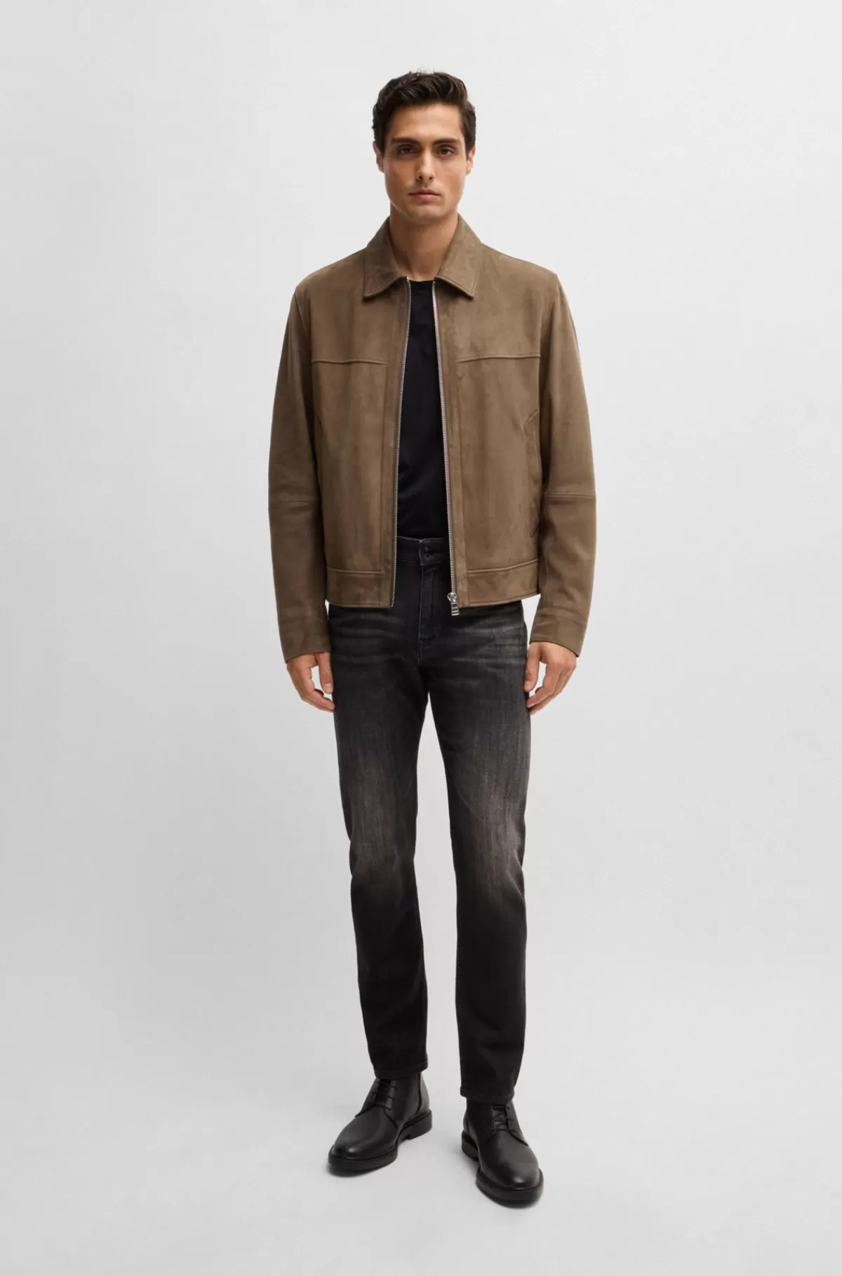 HUGO BOSS Jakke Med Regular Fit I Blødt Ruskind Med Lynlås Foran Brun Flash Sale
