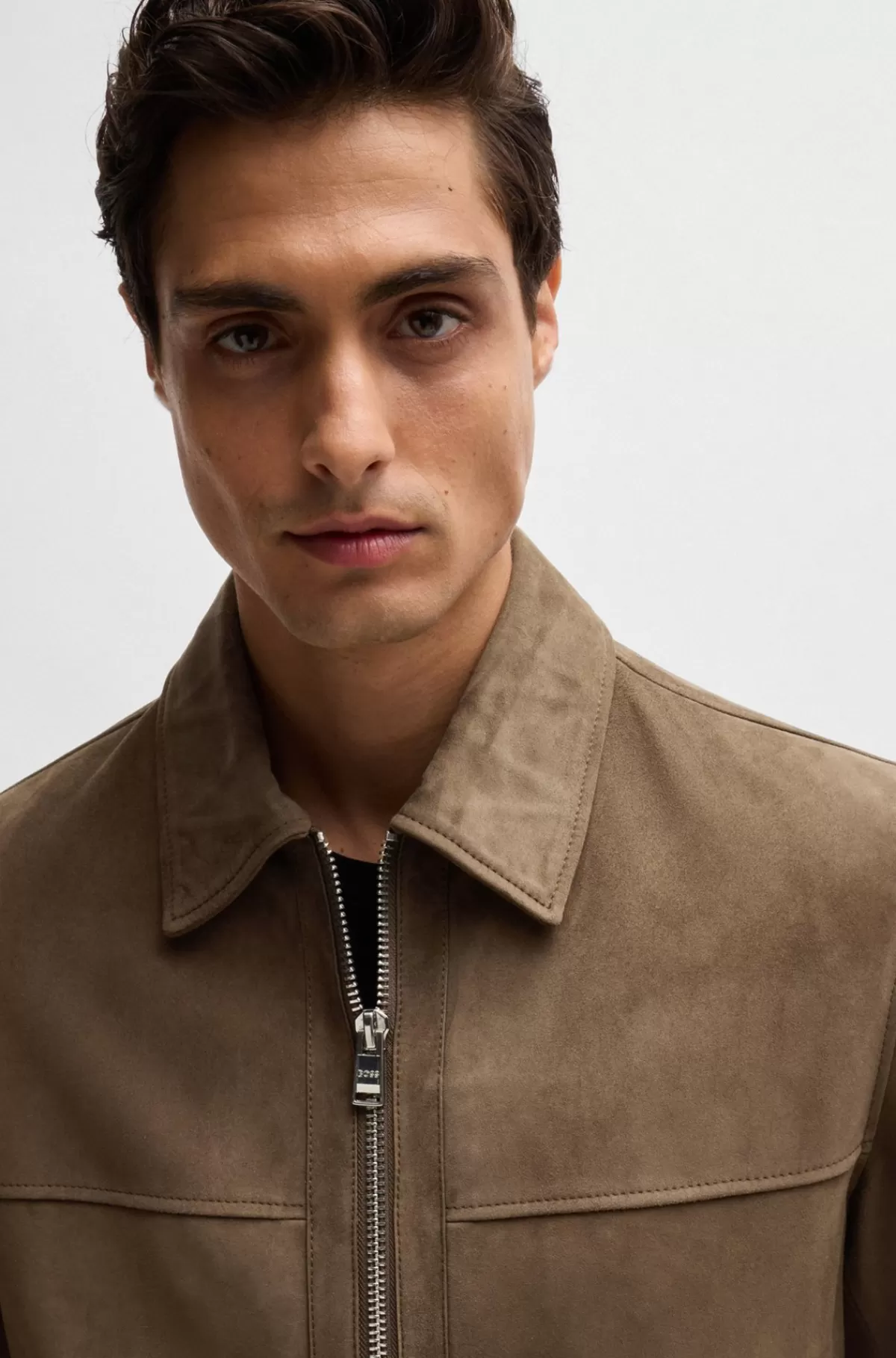 HUGO BOSS Jakke Med Regular Fit I Blødt Ruskind Med Lynlås Foran Brun Flash Sale